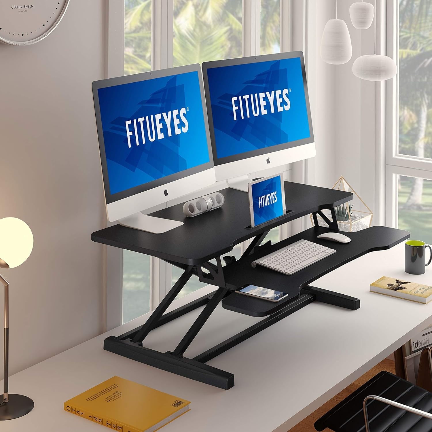 image:imageFITUEYES Height Adjustable Standing Desk 36 Wide Sit to Stand Converter Stand Up Desk Tabletop Workstation for Laptops Dual Monitor Riser Black SD309101WBBlack