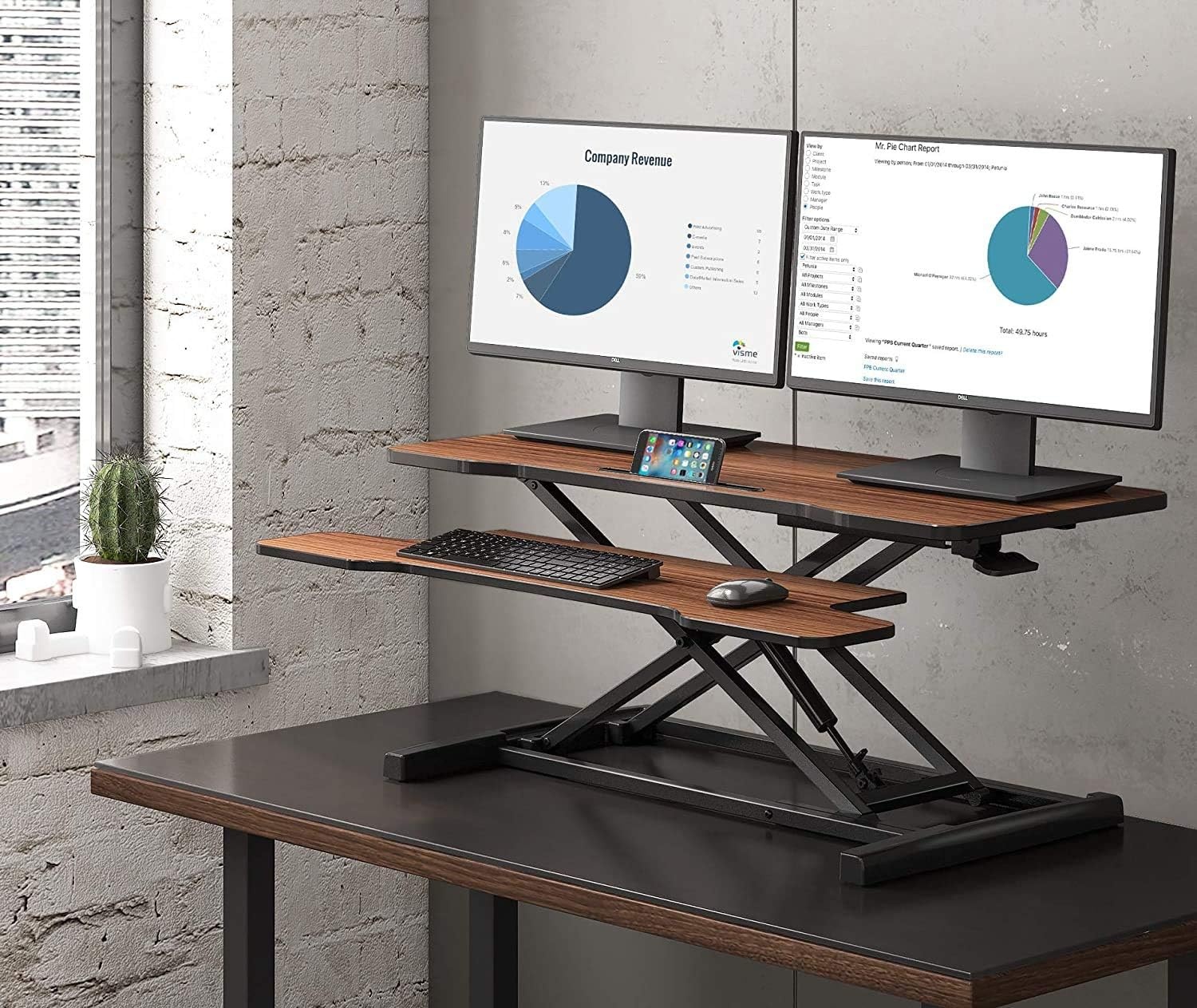 image:imageFITUEYES Height Adjustable Standing Desk 36 Wide Sit to Stand Converter Stand Up Desk Tabletop Workstation for Laptops Dual Monitor Riser Black SD309101WBBrown