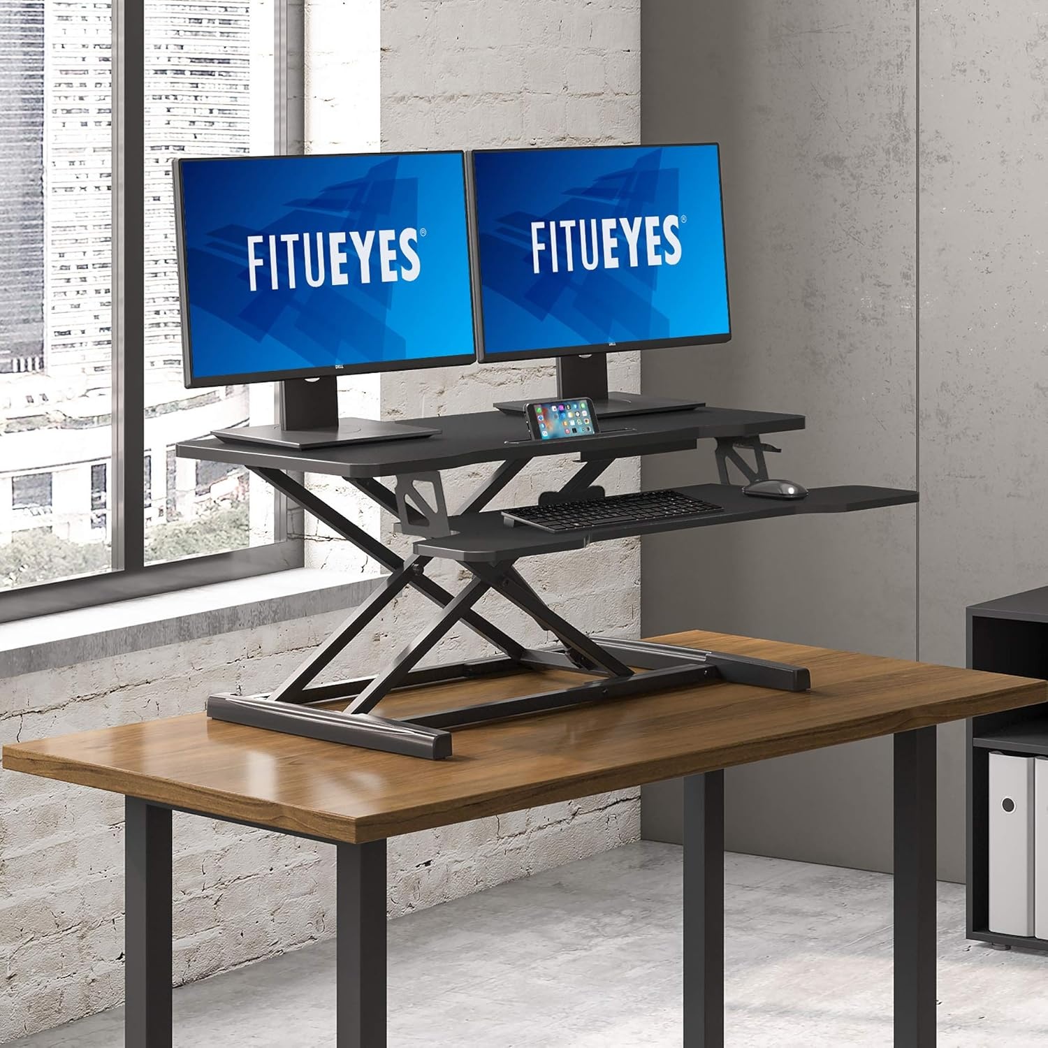 image:imageFITUEYES Height Adjustable Standing Desk 36 Wide Sit to Stand Converter Stand Up Desk Tabletop Workstation for Laptops Dual Monitor Riser Black SD309101WBBlack