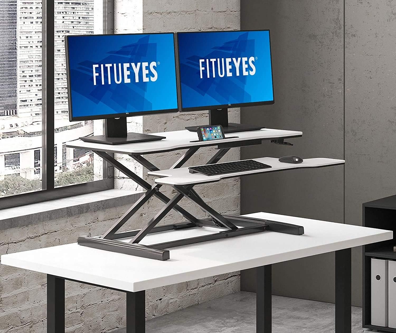 image:imageFITUEYES Height Adjustable Standing Desk 36 Wide Sit to Stand Converter Stand Up Desk Tabletop Workstation for Laptops Dual Monitor Riser Black SD309101WBWhite