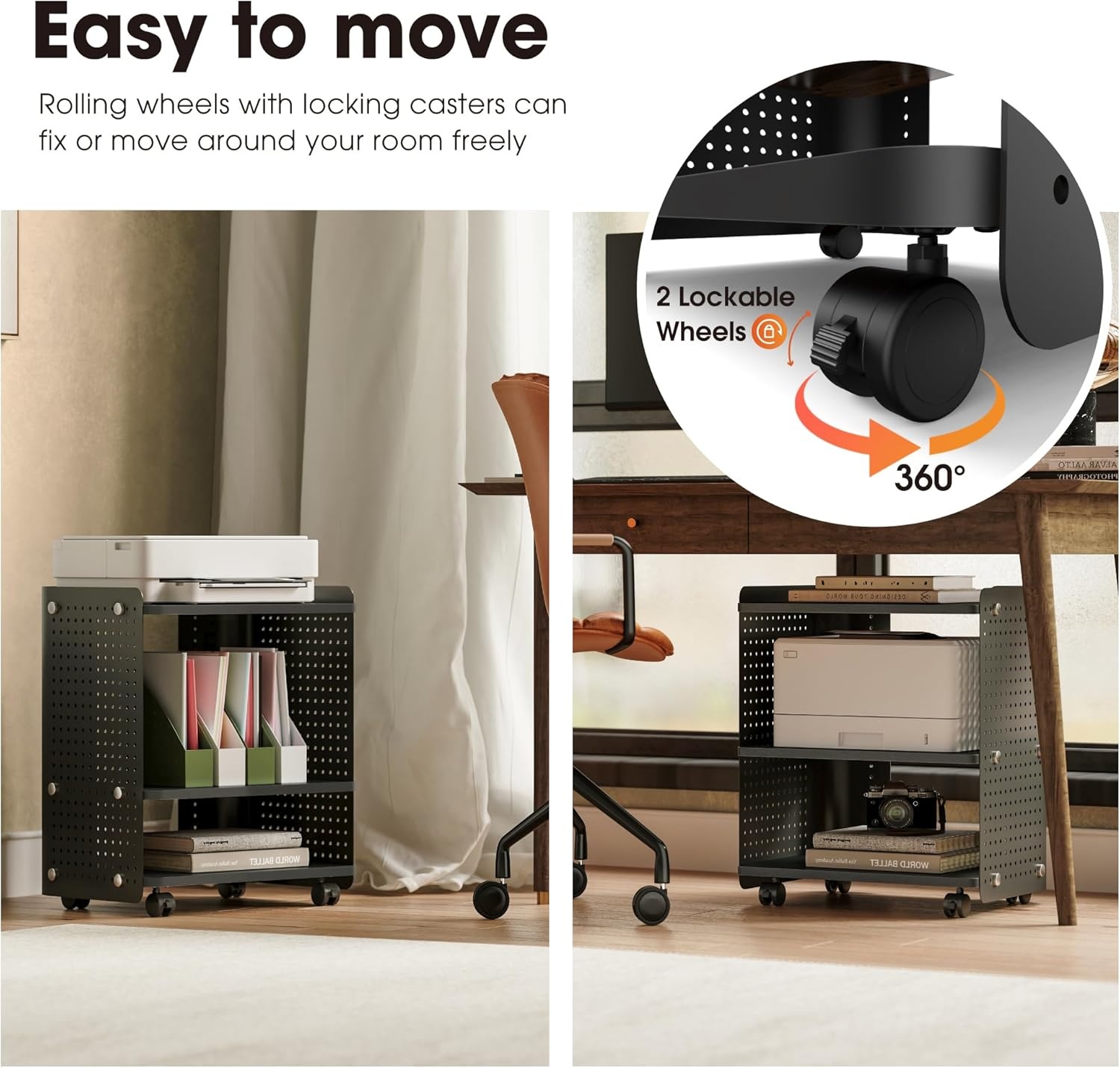 image:imageFenge 3D Printer Stand Heavy Duty Pegboard Storage Organizer with Adjustable Shelf 22x18 Inch Rolling Printer Cart with Wheels 3 Tier Home Office StandBlack