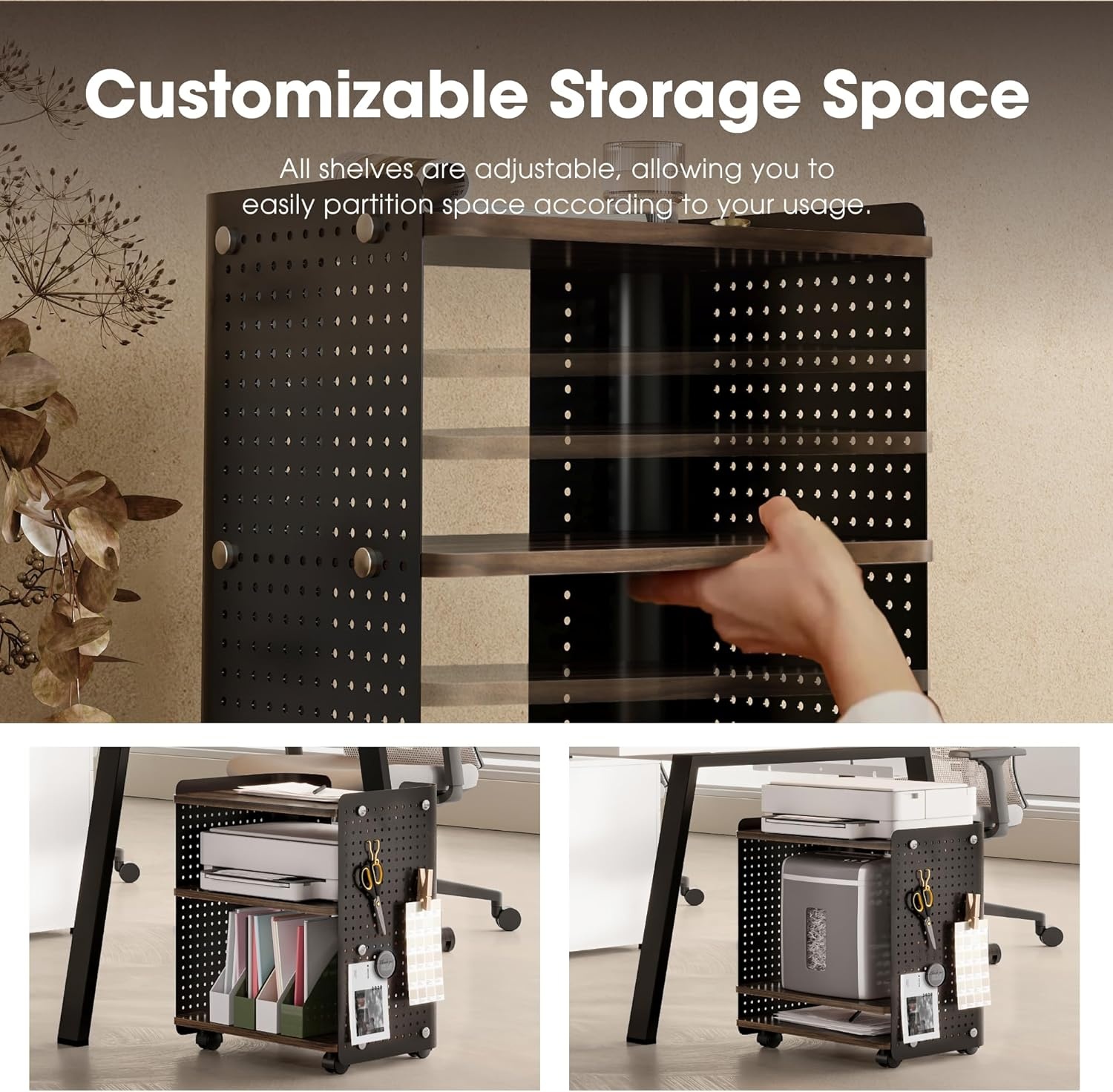 image:imageFenge 3D Printer Stand Heavy Duty Pegboard Storage Organizer with Adjustable Shelf 22x18 Inch Rolling Printer Cart with Wheels 3 Tier Home Office StandBrown