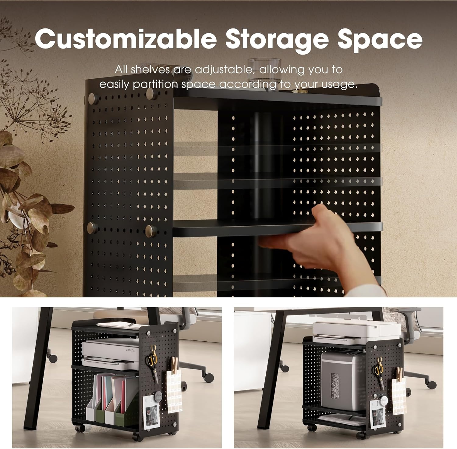image:imageFenge 3D Printer Stand Heavy Duty Pegboard Storage Organizer with Adjustable Shelf 22x18 Inch Rolling Printer Cart with Wheels 3 Tier Home Office StandBlack