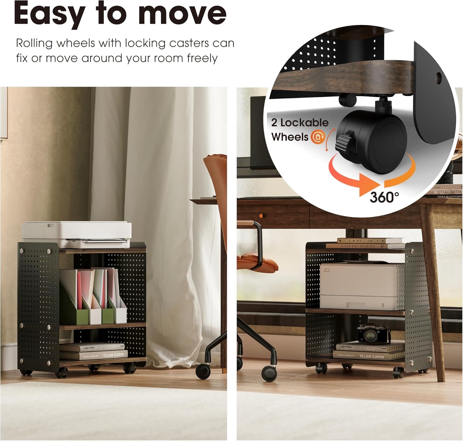 image:imageFenge 3D Printer Stand Heavy Duty Pegboard Storage Organizer with Adjustable Shelf 22x18 Inch Rolling Printer Cart with Wheels 3 Tier Home Office StandBrown