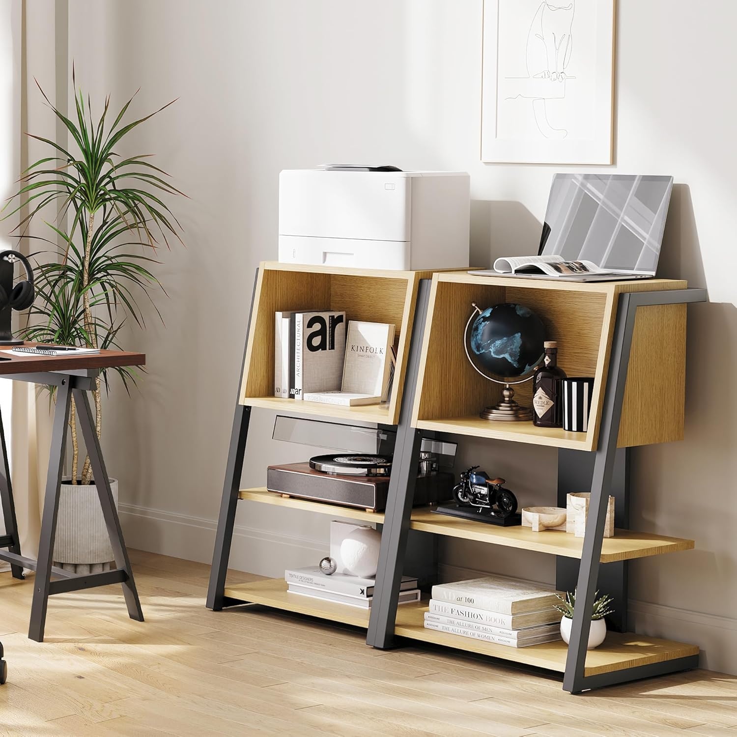 image:imageFenge Bookshelf 4 Tier Industrial Bookcase Ladder Book Shelf with Storage Organizer Small Bookshelves and bookcases for Office Bedroom Living RoomOak