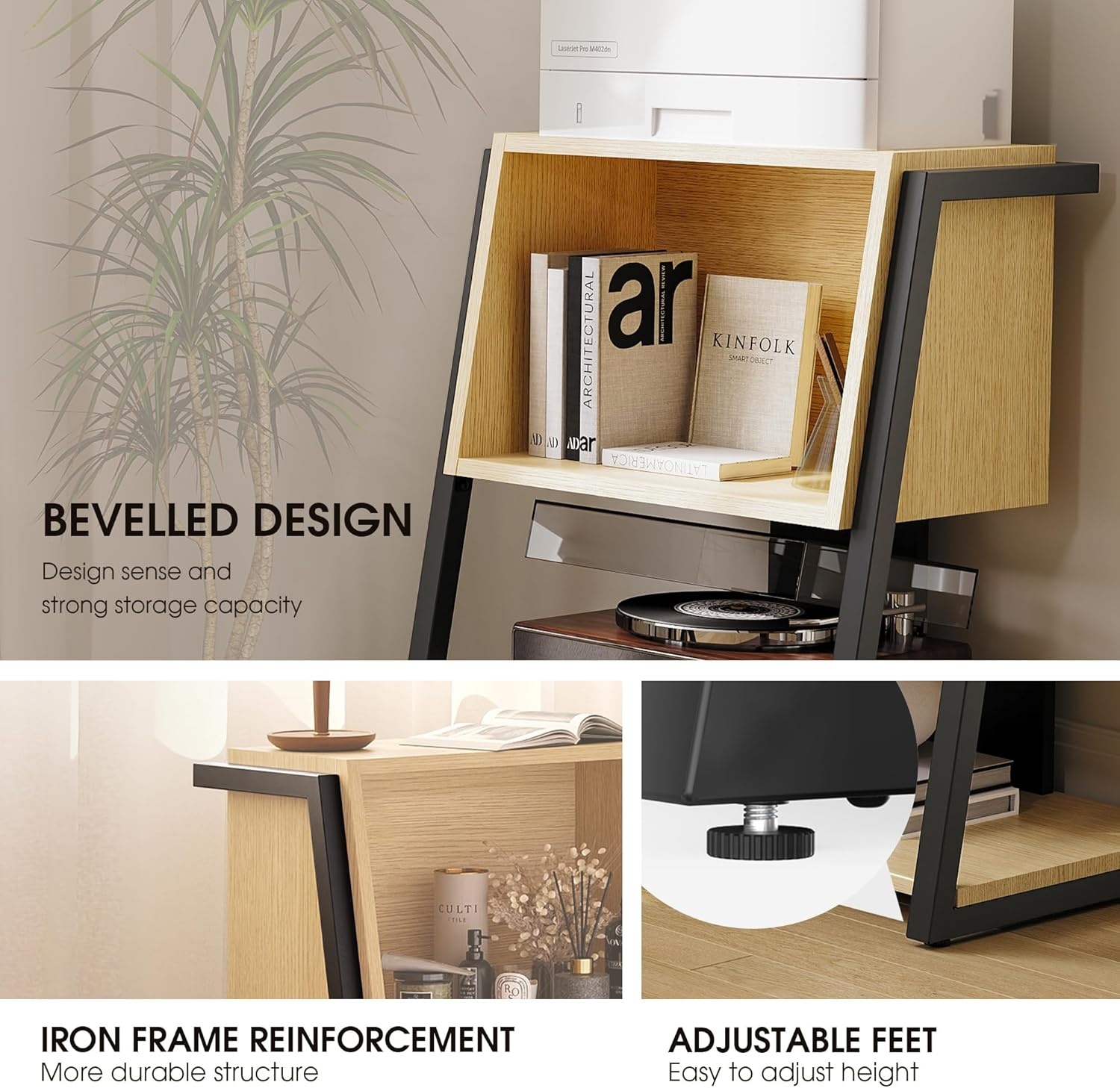 image:imageFenge Bookshelf 4 Tier Industrial Bookcase Ladder Book Shelf with Storage Organizer Small Bookshelves and bookcases for Office Bedroom Living RoomOak
