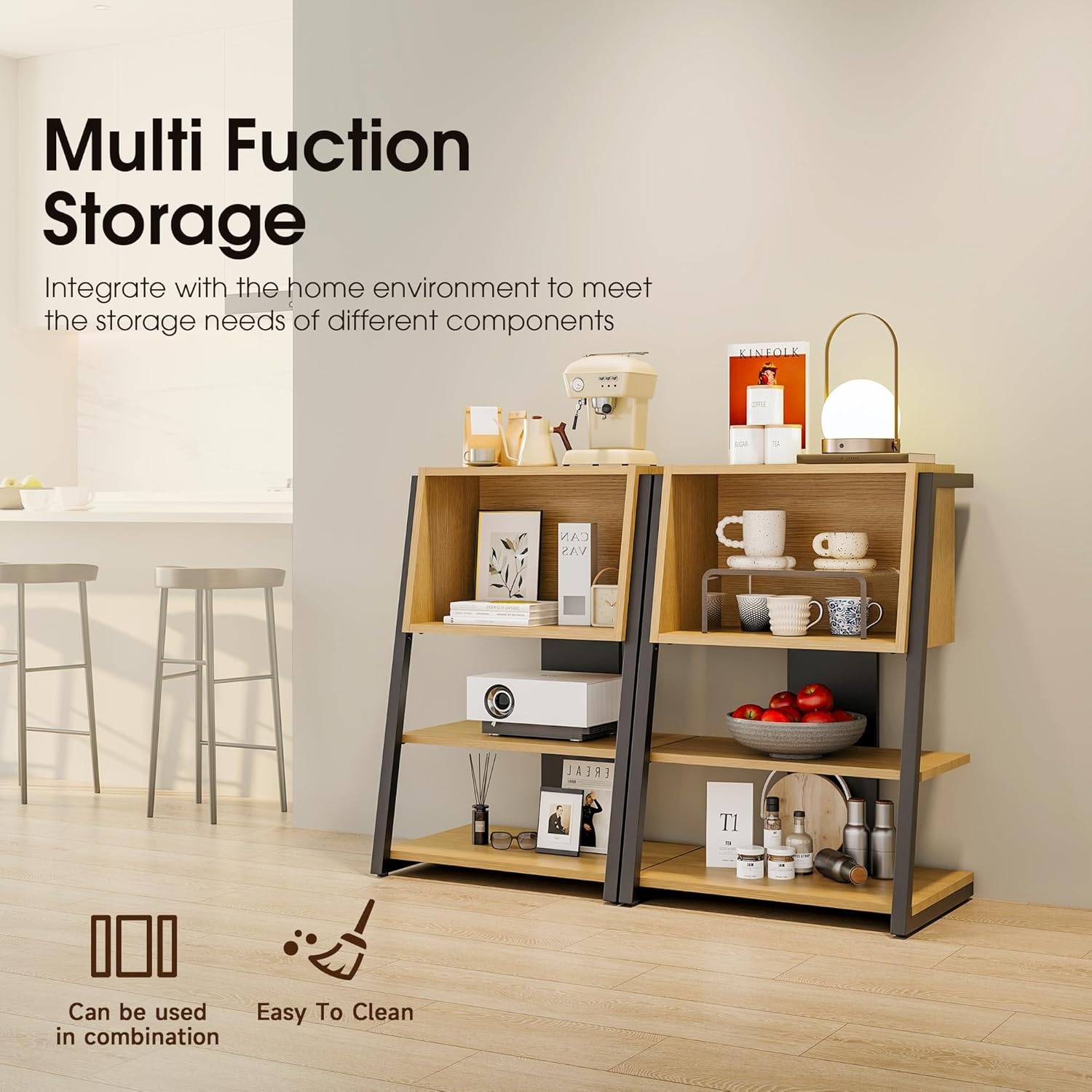 image:imageFenge Bookshelf 4 Tier Industrial Bookcase Ladder Book Shelf with Storage Organizer Small Bookshelves and bookcases for Office Bedroom Living RoomOak