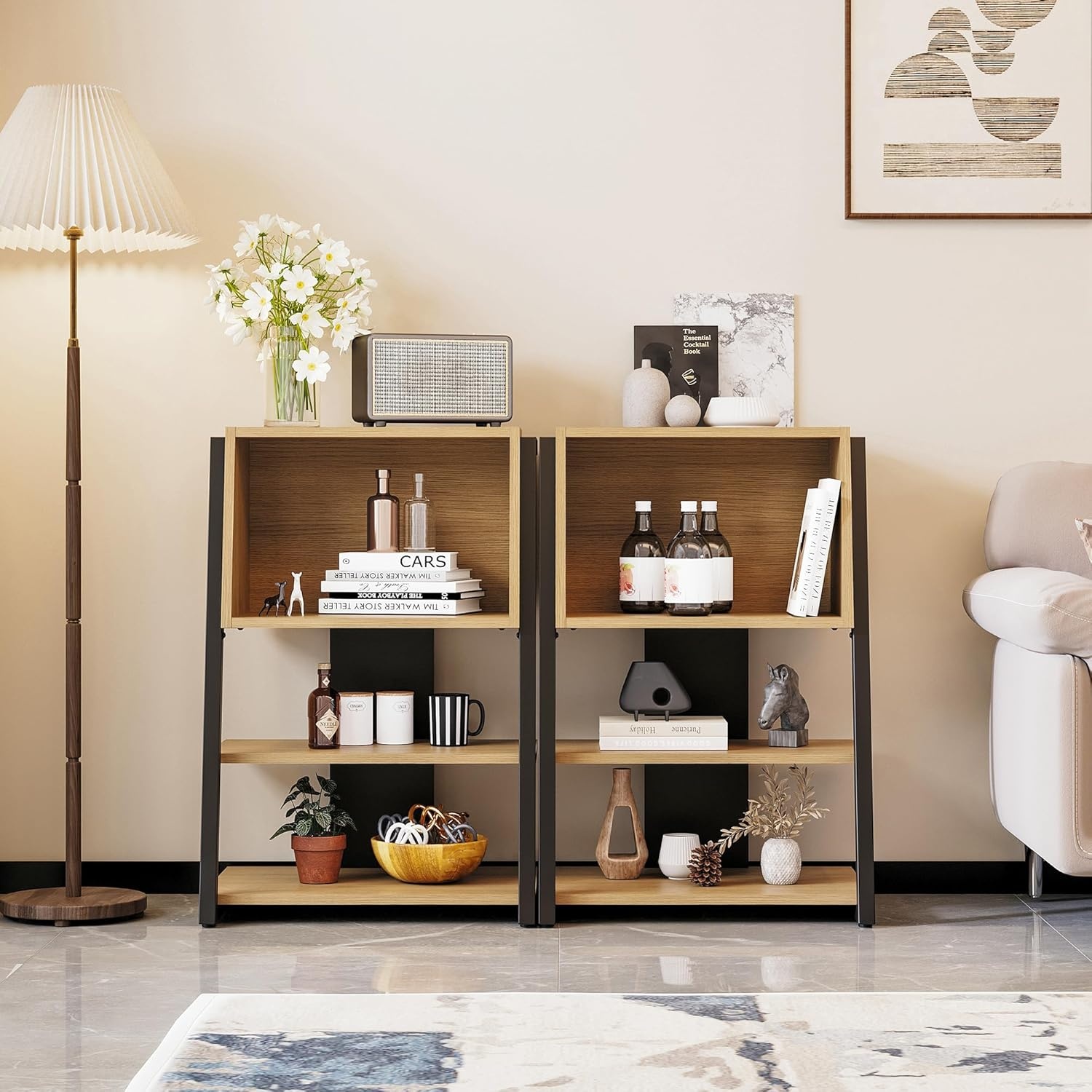 image:imageFenge Bookshelf 4 Tier Industrial Bookcase Ladder Book Shelf with Storage Organizer Small Bookshelves and bookcases for Office Bedroom Living RoomOak
