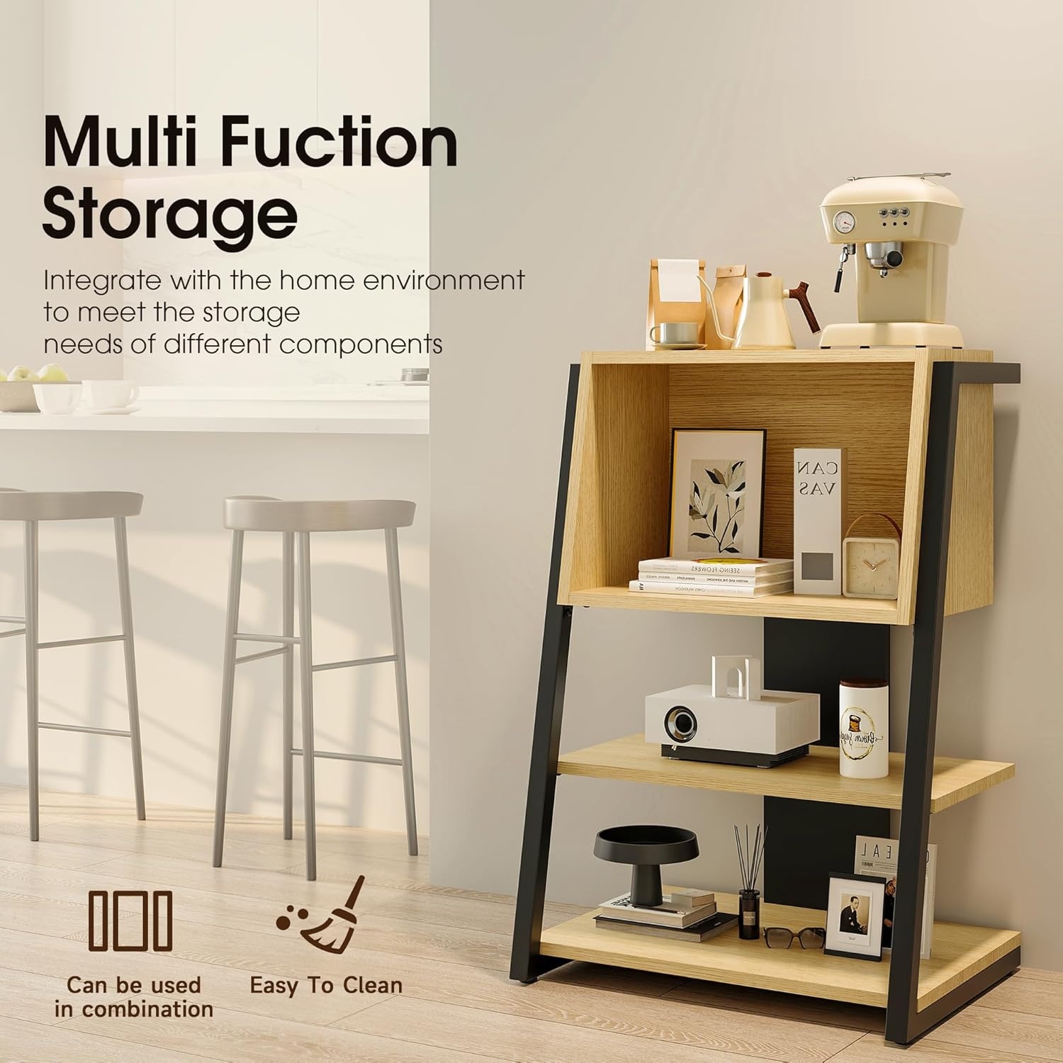 image:imageFenge Bookshelf 4 Tier Industrial Bookcase Ladder Book Shelf with Storage Organizer Small Bookshelves and bookcases for Office Bedroom Living RoomOak