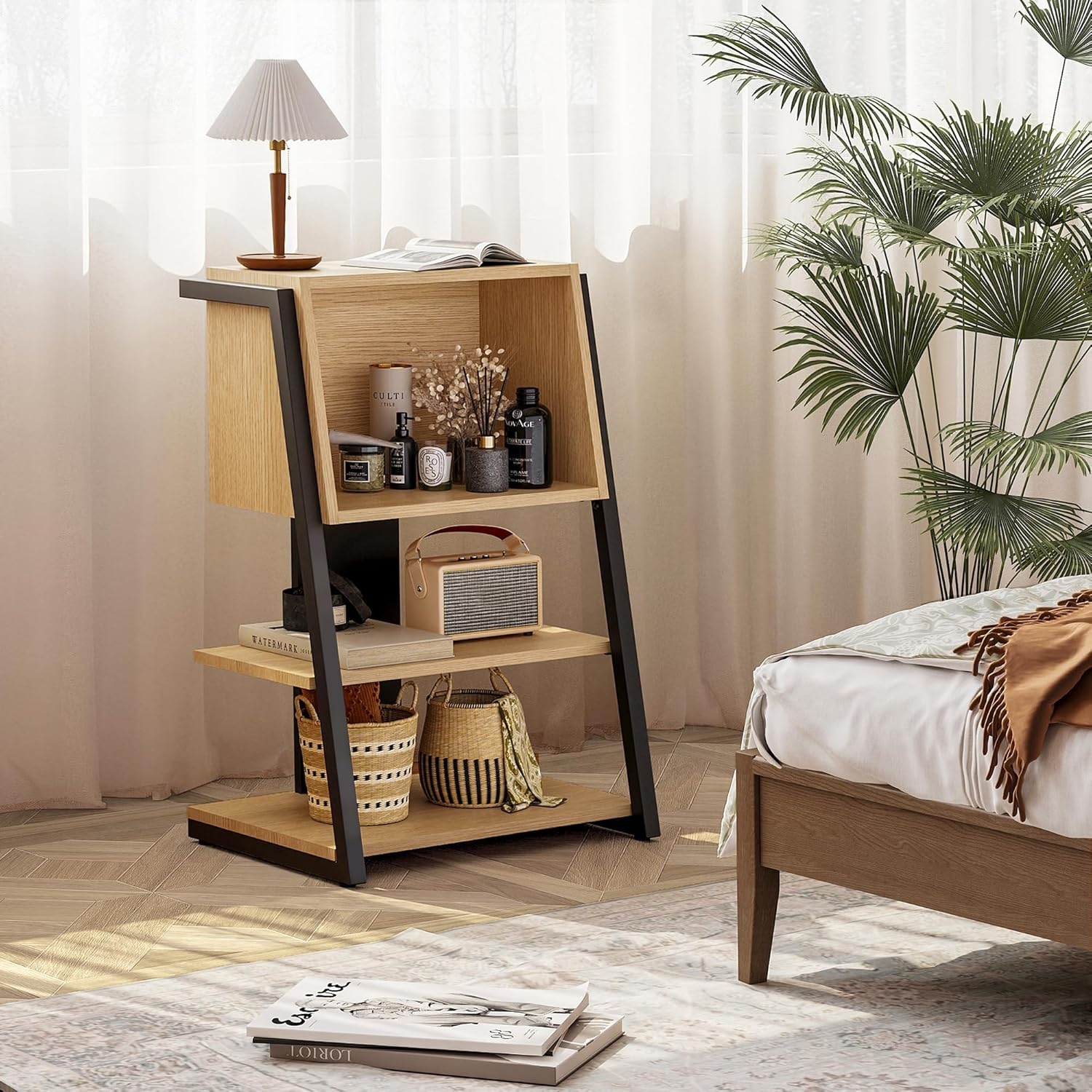 image:imageFenge Bookshelf 4 Tier Industrial Bookcase Ladder Book Shelf with Storage Organizer Small Bookshelves and bookcases for Office Bedroom Living RoomOak