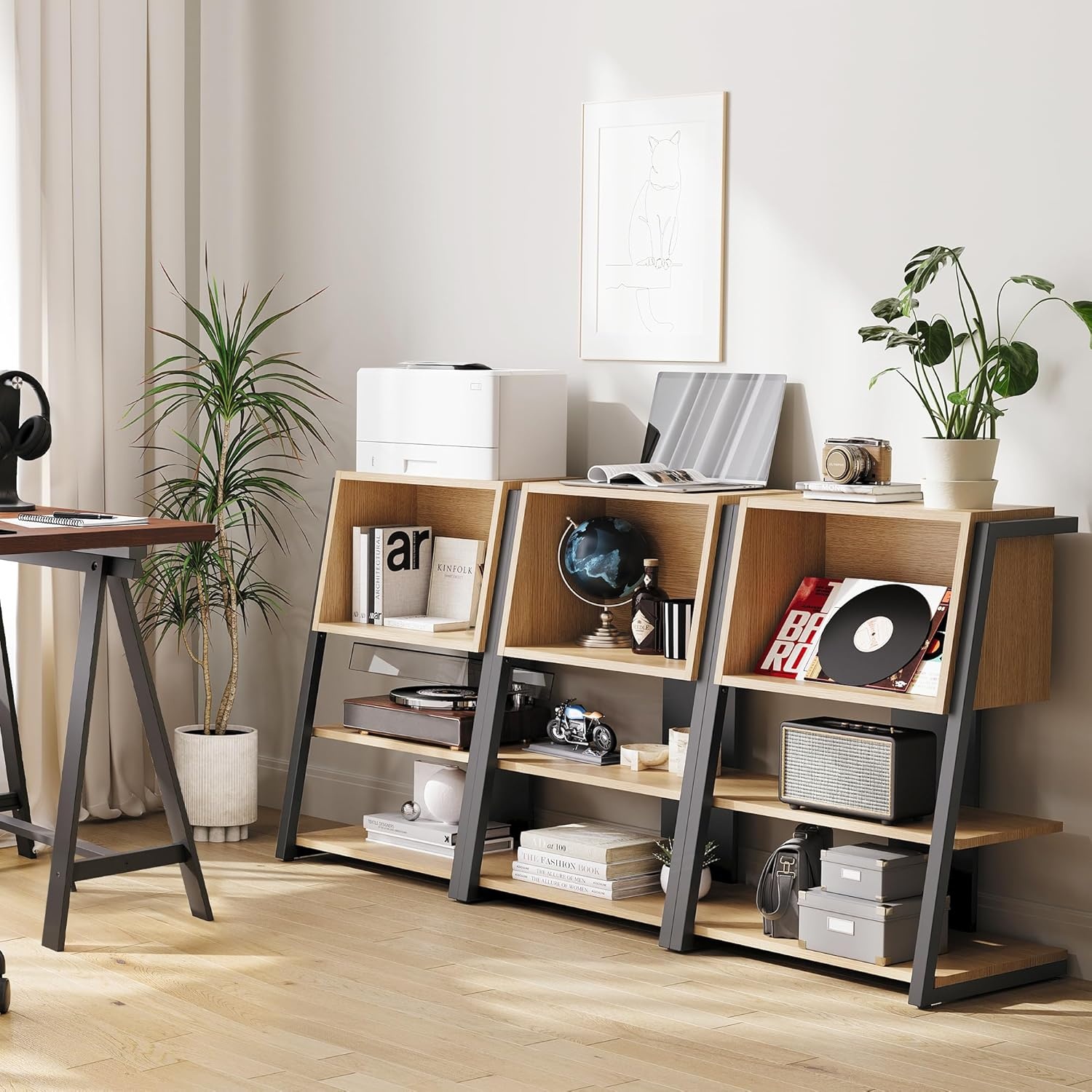 image:imageFenge Bookshelf 4 Tier Industrial Bookcase Ladder Book Shelf with Storage Organizer Small Bookshelves and bookcases for Office Bedroom Living RoomOak
