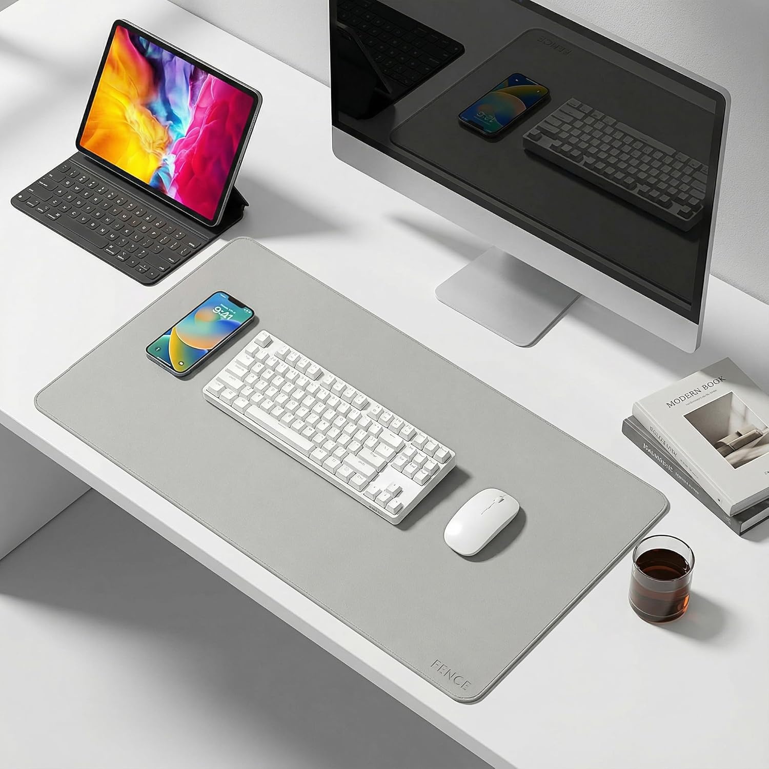 image:imageFenge Desk Pad Mat Water Resistant Mouse Pad DoubleSided Mouse Mat with AntiSlip Cork Base Faux Leather Desk Blotter for Home Office Laptop Mouse 315 x 157 Inches BlackLight Grey