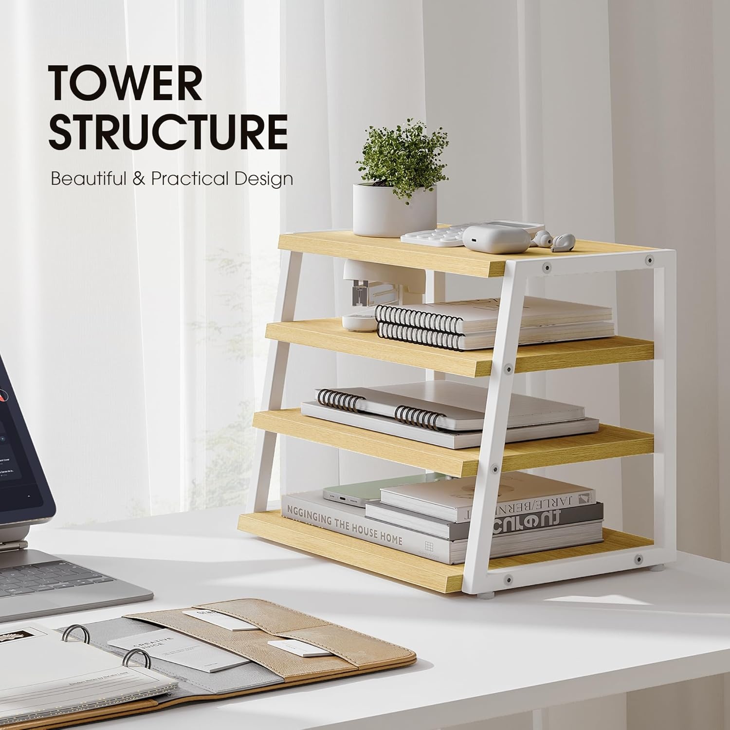 image:imageFenge Desk Shelf Organizer 4 Tier Desktop Shelf Wood and Metal Office Shelves Corner File Organizer for Office Supplies Top of Desk Organizers and AccessoriesOak