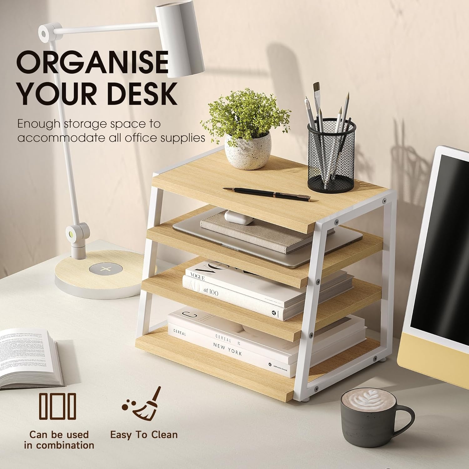 image:imageFenge Desk Shelf Organizer 4 Tier Desktop Shelf Wood and Metal Office Shelves Corner File Organizer for Office Supplies Top of Desk Organizers and AccessoriesOak