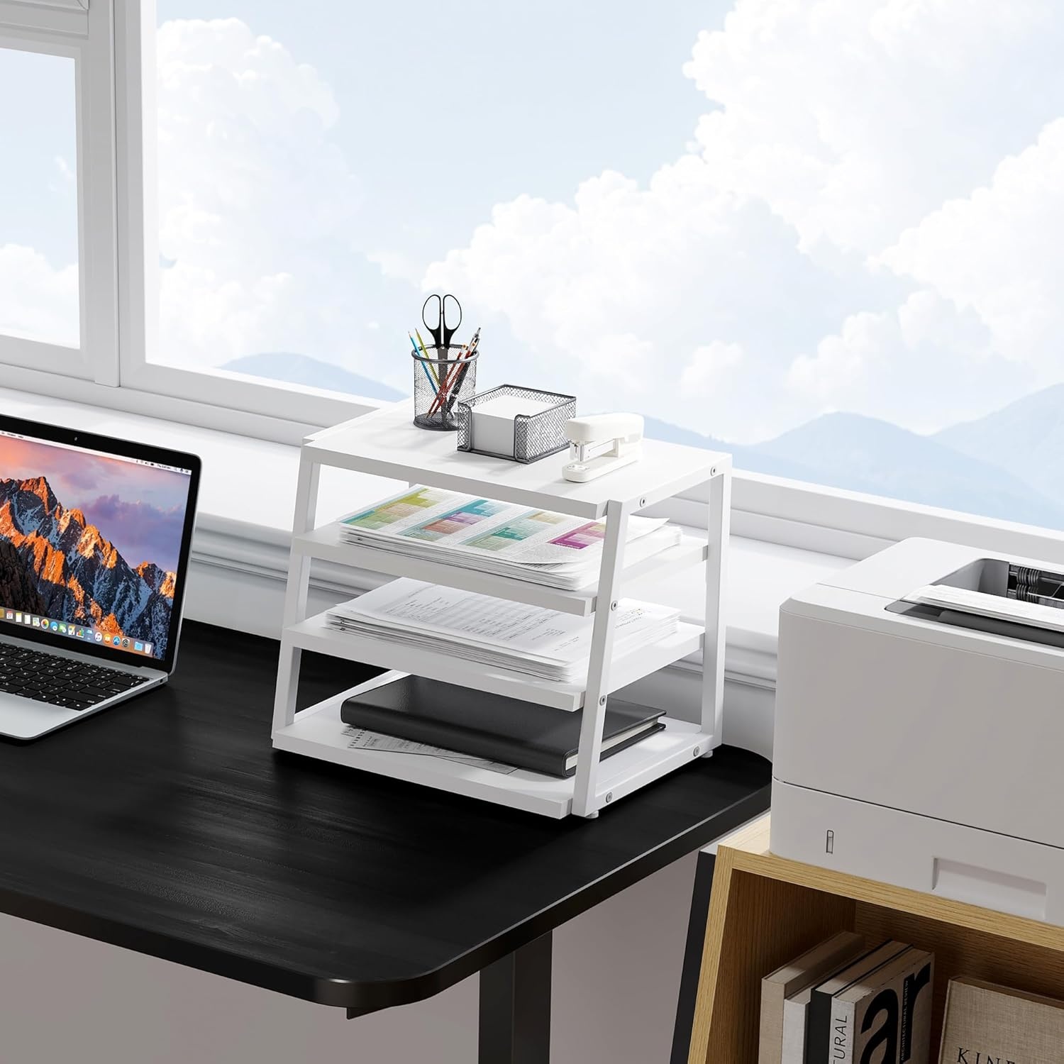 image:imageFenge Desk Shelf Organizer 4 Tier Desktop Shelf Wood and Metal Office Shelves Corner File Organizer for Office Supplies Top of Desk Organizers and AccessoriesWhite