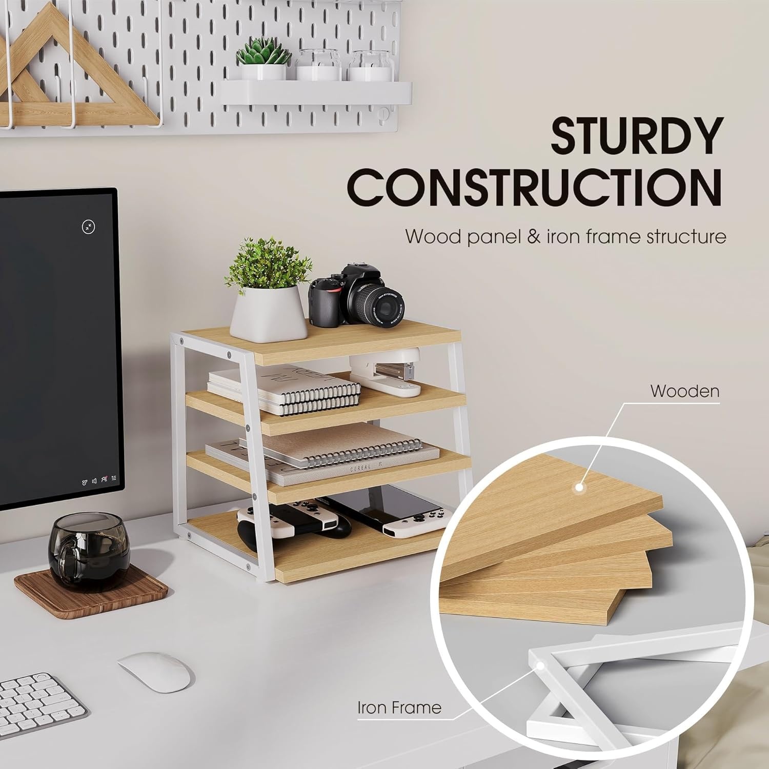image:imageFenge Desk Shelf Organizer 4 Tier Desktop Shelf Wood and Metal Office Shelves Corner File Organizer for Office Supplies Top of Desk Organizers and AccessoriesOak