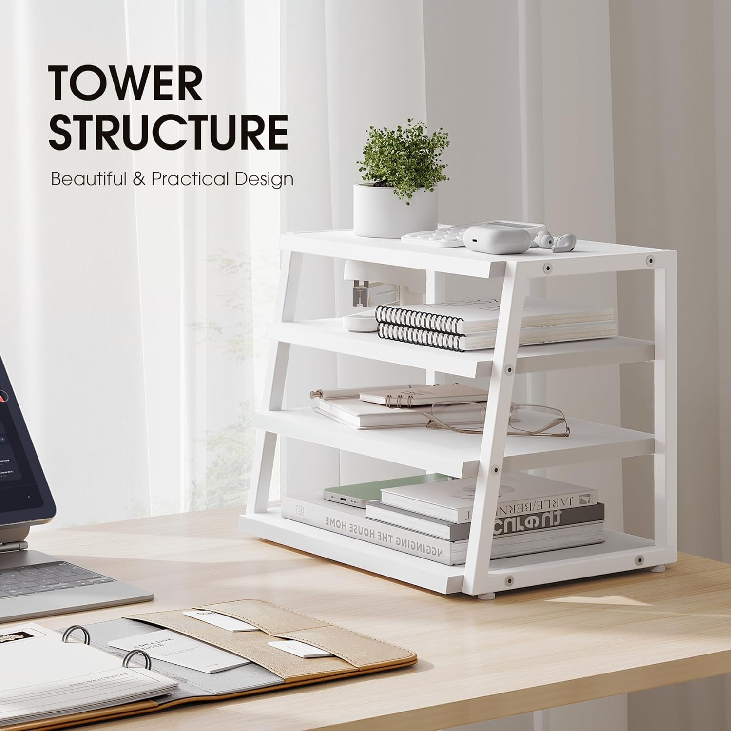 image:imageFenge Desk Shelf Organizer 4 Tier Desktop Shelf Wood and Metal Office Shelves Corner File Organizer for Office Supplies Top of Desk Organizers and AccessoriesWhite