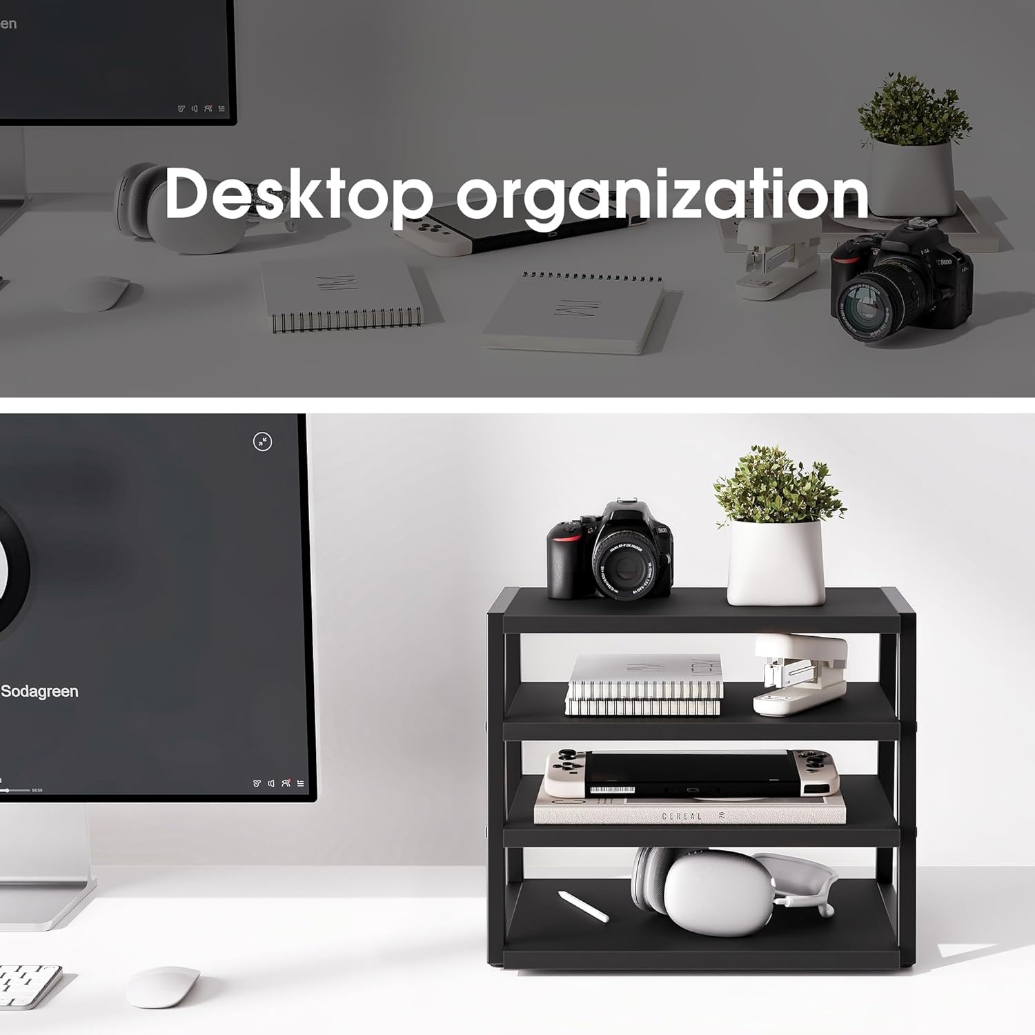 image:imageFenge Desk Shelf Organizer 4 Tier Desktop Shelf Wood and Metal Office Shelves Corner File Organizer for Office Supplies Top of Desk Organizers and AccessoriesBlack