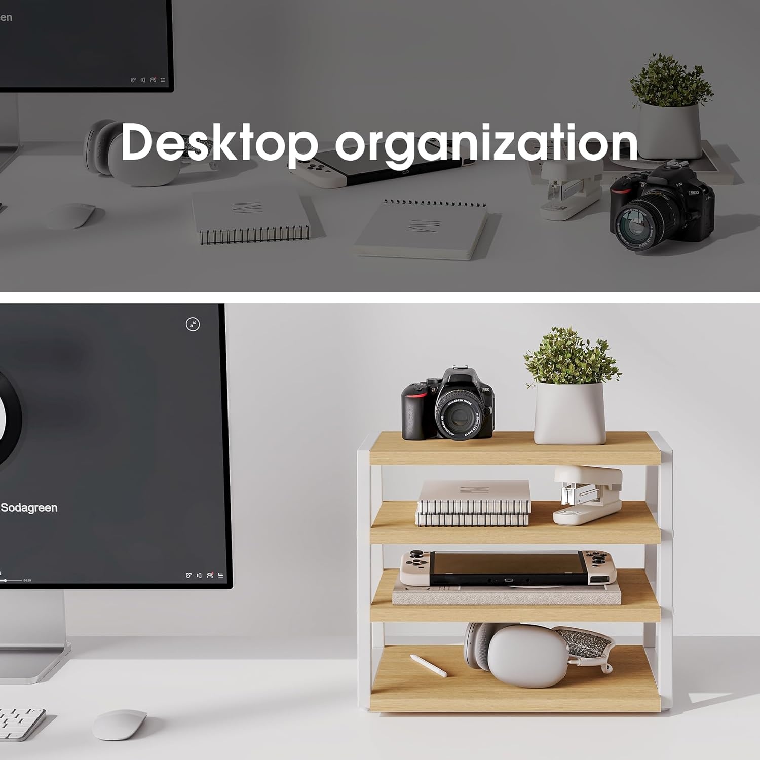 image:imageFenge Desk Shelf Organizer 4 Tier Desktop Shelf Wood and Metal Office Shelves Corner File Organizer for Office Supplies Top of Desk Organizers and AccessoriesOak