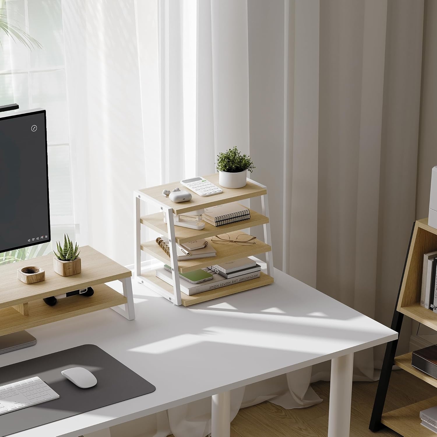 image:imageFenge Desk Shelf Organizer 4 Tier Desktop Shelf Wood and Metal Office Shelves Corner File Organizer for Office Supplies Top of Desk Organizers and AccessoriesOak