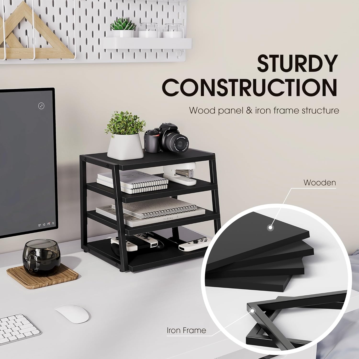 image:imageFenge Desk Shelf Organizer 4 Tier Desktop Shelf Wood and Metal Office Shelves Corner File Organizer for Office Supplies Top of Desk Organizers and AccessoriesBlack
