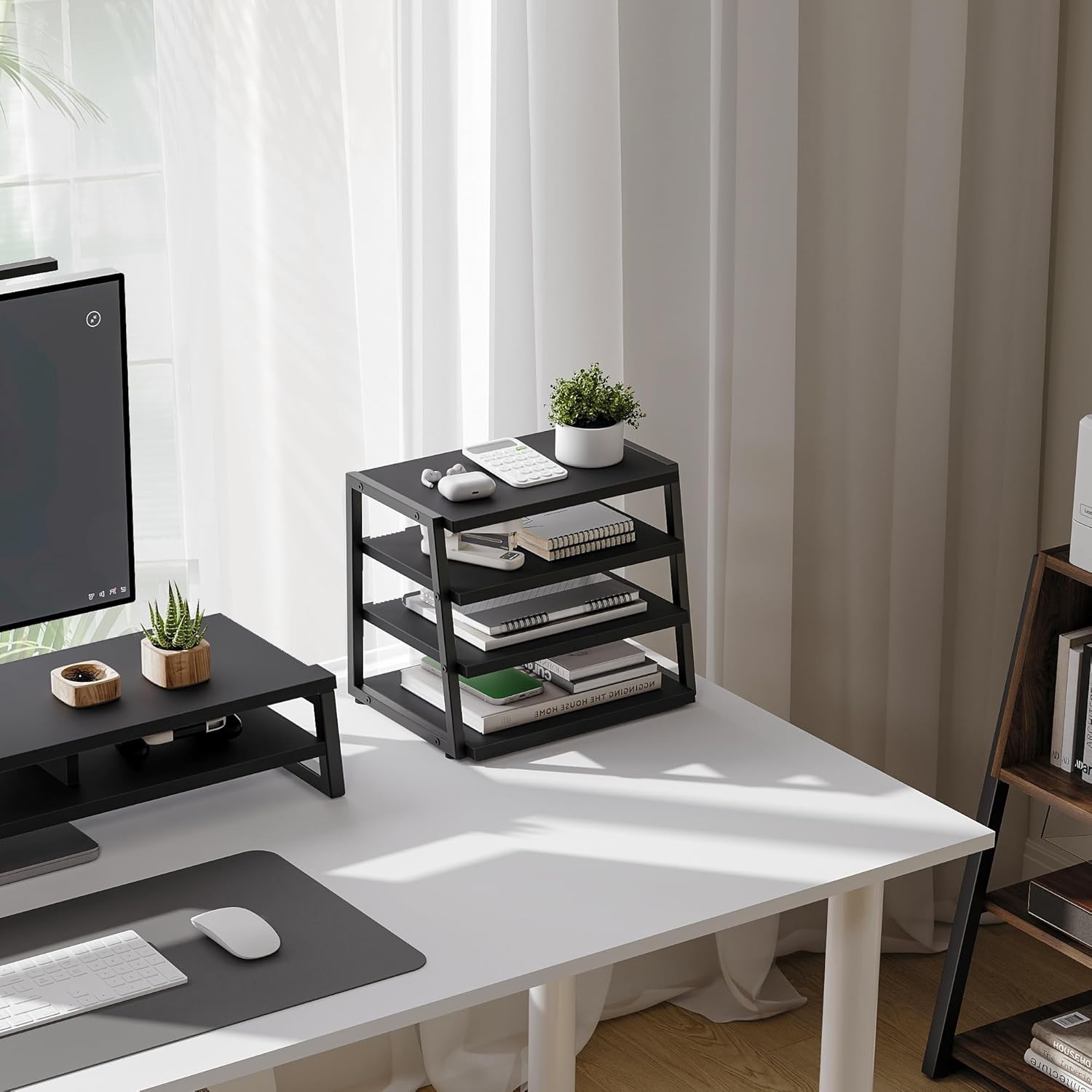image:imageFenge Desk Shelf Organizer 4 Tier Desktop Shelf Wood and Metal Office Shelves Corner File Organizer for Office Supplies Top of Desk Organizers and AccessoriesBlack
