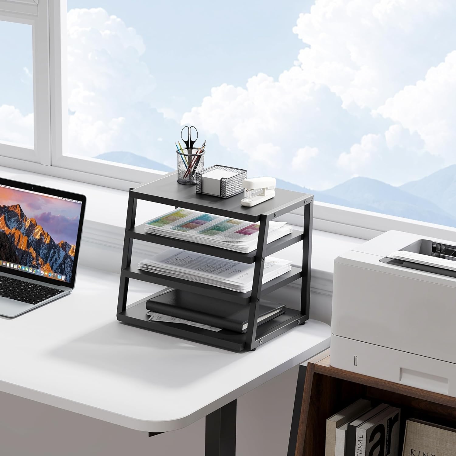 image:imageFenge Desk Shelf Organizer 4 Tier Desktop Shelf Wood and Metal Office Shelves Corner File Organizer for Office Supplies Top of Desk Organizers and AccessoriesBlack
