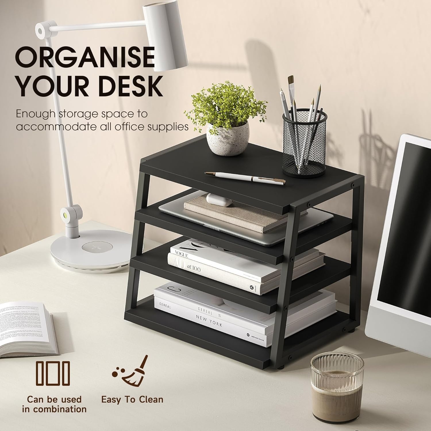 image:imageFenge Desk Shelf Organizer 4 Tier Desktop Shelf Wood and Metal Office Shelves Corner File Organizer for Office Supplies Top of Desk Organizers and AccessoriesBlack