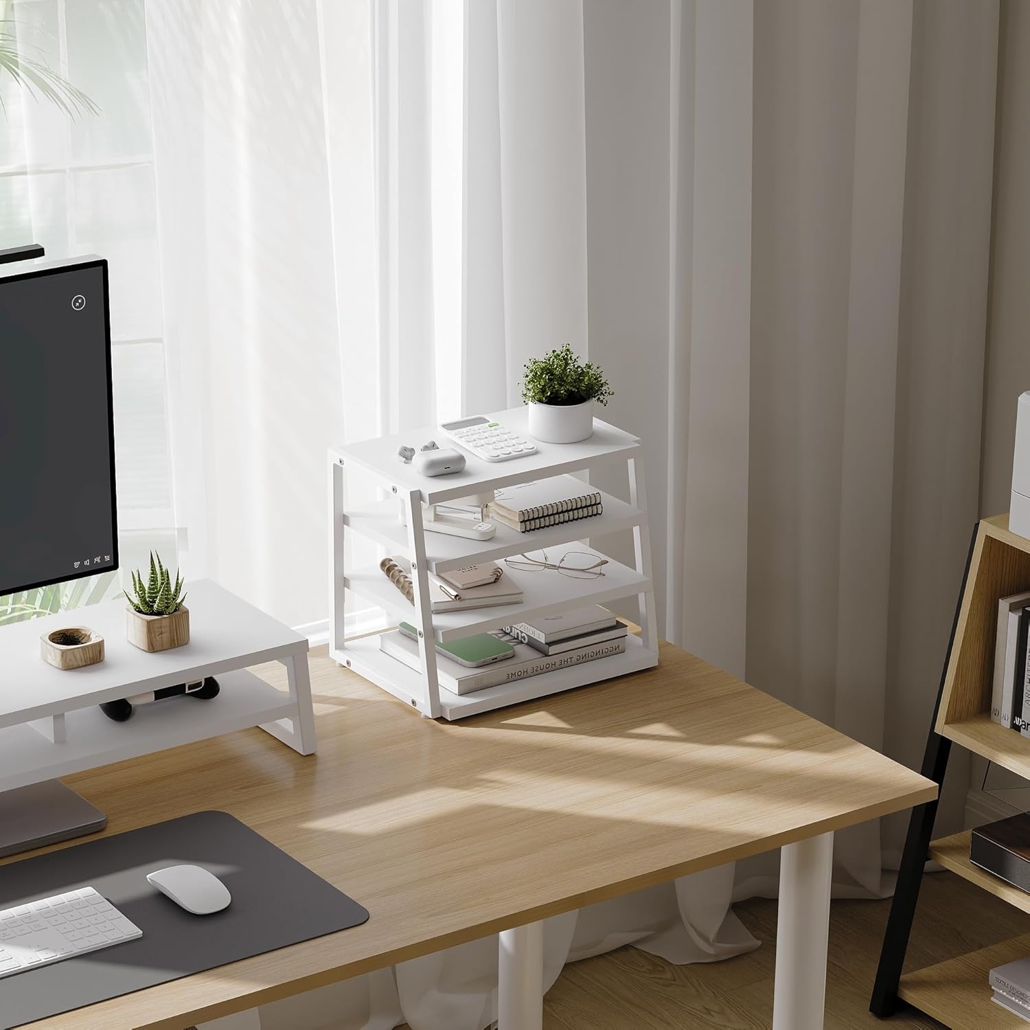 image:imageFenge Desk Shelf Organizer 4 Tier Desktop Shelf Wood and Metal Office Shelves Corner File Organizer for Office Supplies Top of Desk Organizers and AccessoriesWhite