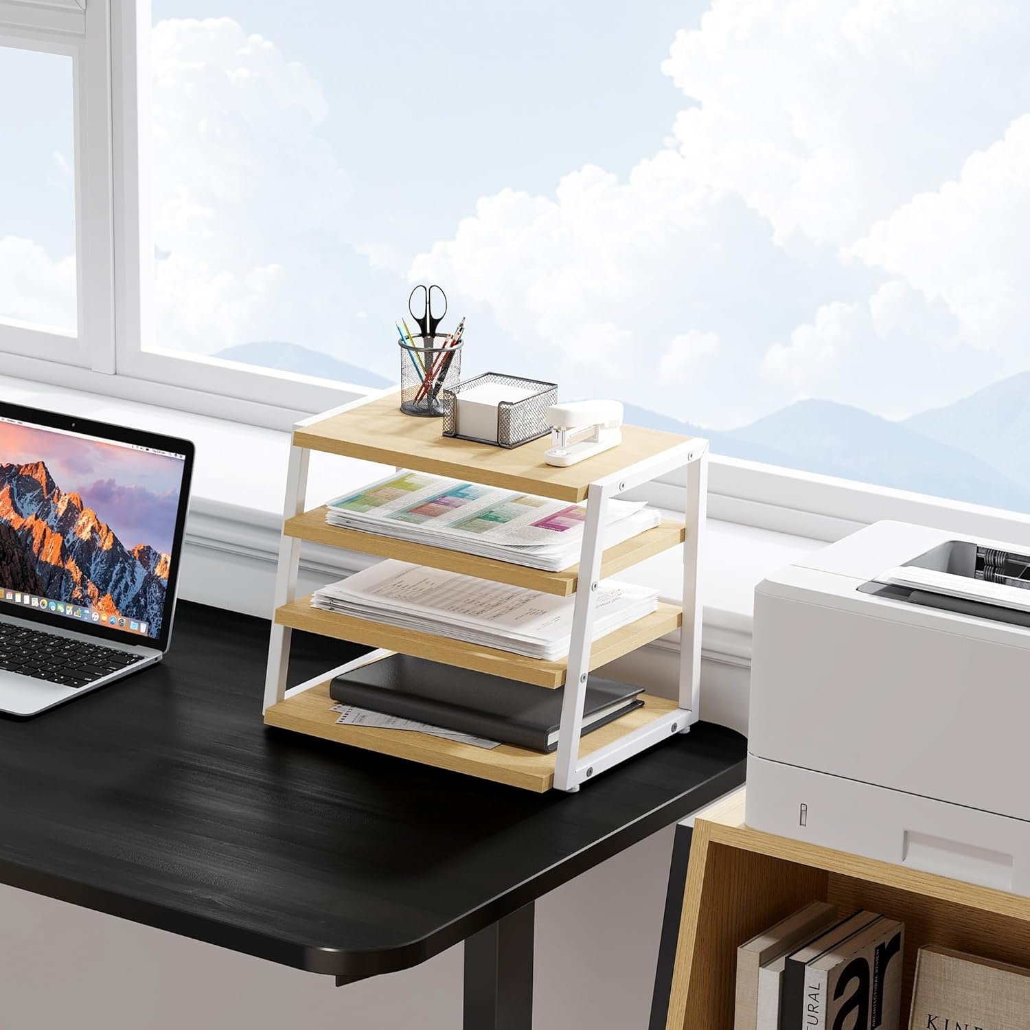 image:imageFenge Desk Shelf Organizer 4 Tier Desktop Shelf Wood and Metal Office Shelves Corner File Organizer for Office Supplies Top of Desk Organizers and AccessoriesOak