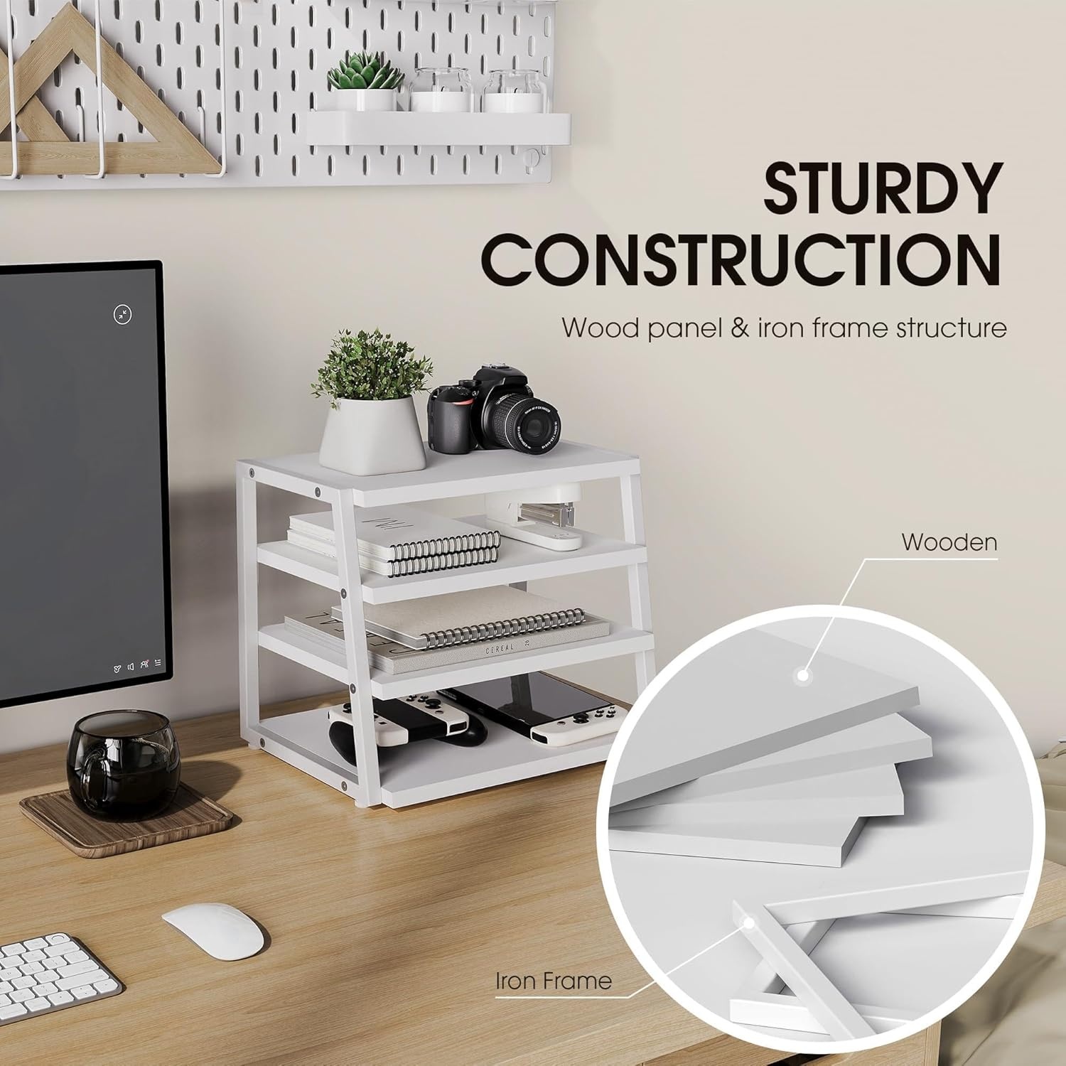 image:imageFenge Desk Shelf Organizer 4 Tier Desktop Shelf Wood and Metal Office Shelves Corner File Organizer for Office Supplies Top of Desk Organizers and AccessoriesWhite