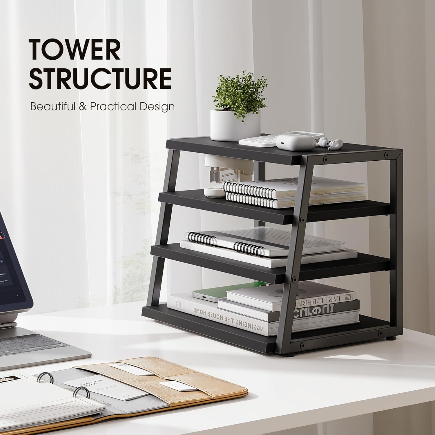 image:imageFenge Desk Shelf Organizer 4 Tier Desktop Shelf Wood and Metal Office Shelves Corner File Organizer for Office Supplies Top of Desk Organizers and AccessoriesBlack