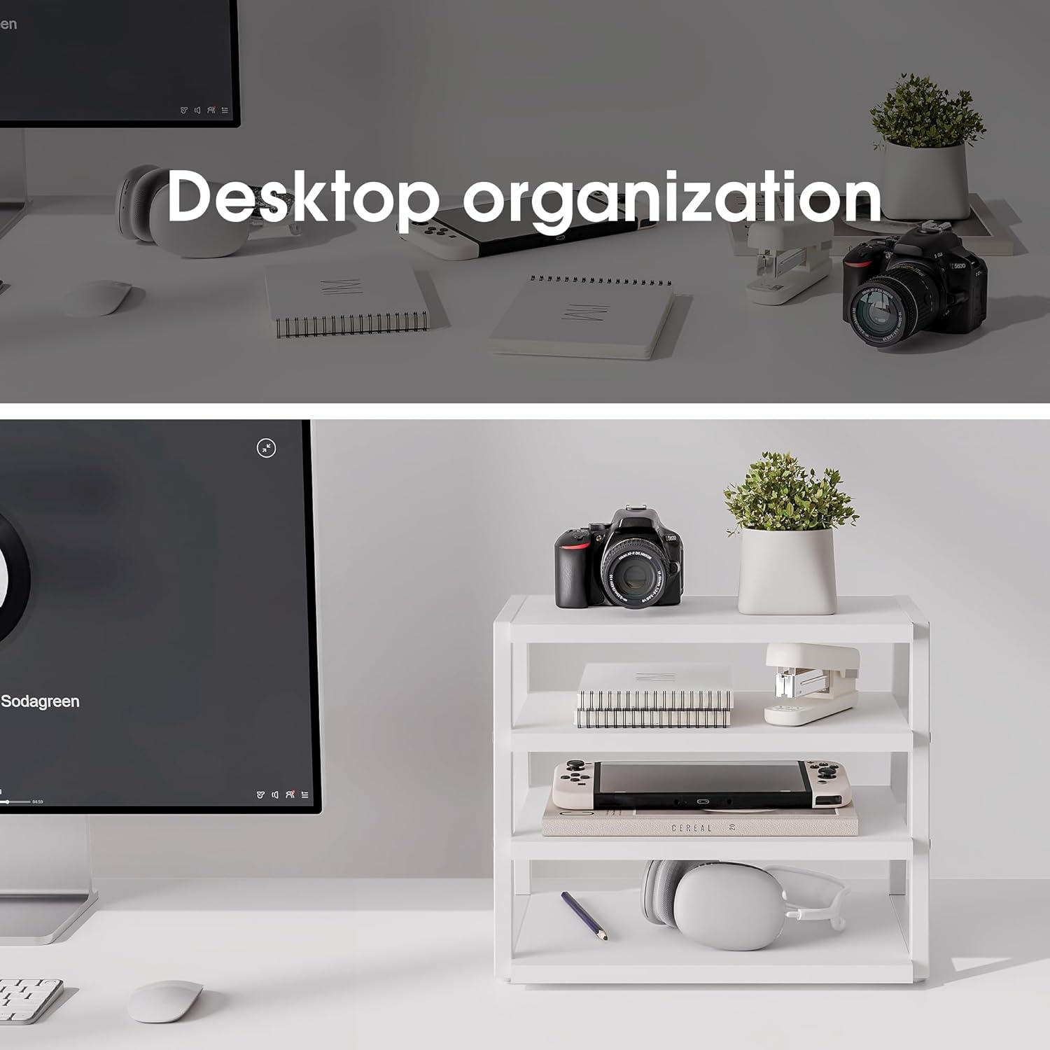 image:imageFenge Desk Shelf Organizer 4 Tier Desktop Shelf Wood and Metal Office Shelves Corner File Organizer for Office Supplies Top of Desk Organizers and AccessoriesWhite
