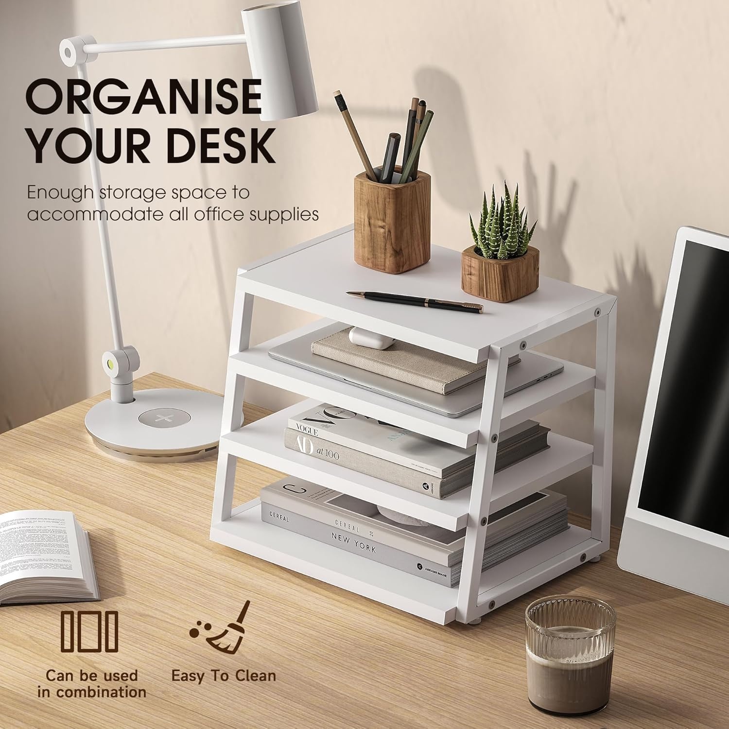 image:imageFenge Desk Shelf Organizer 4 Tier Desktop Shelf Wood and Metal Office Shelves Corner File Organizer for Office Supplies Top of Desk Organizers and AccessoriesWhite
