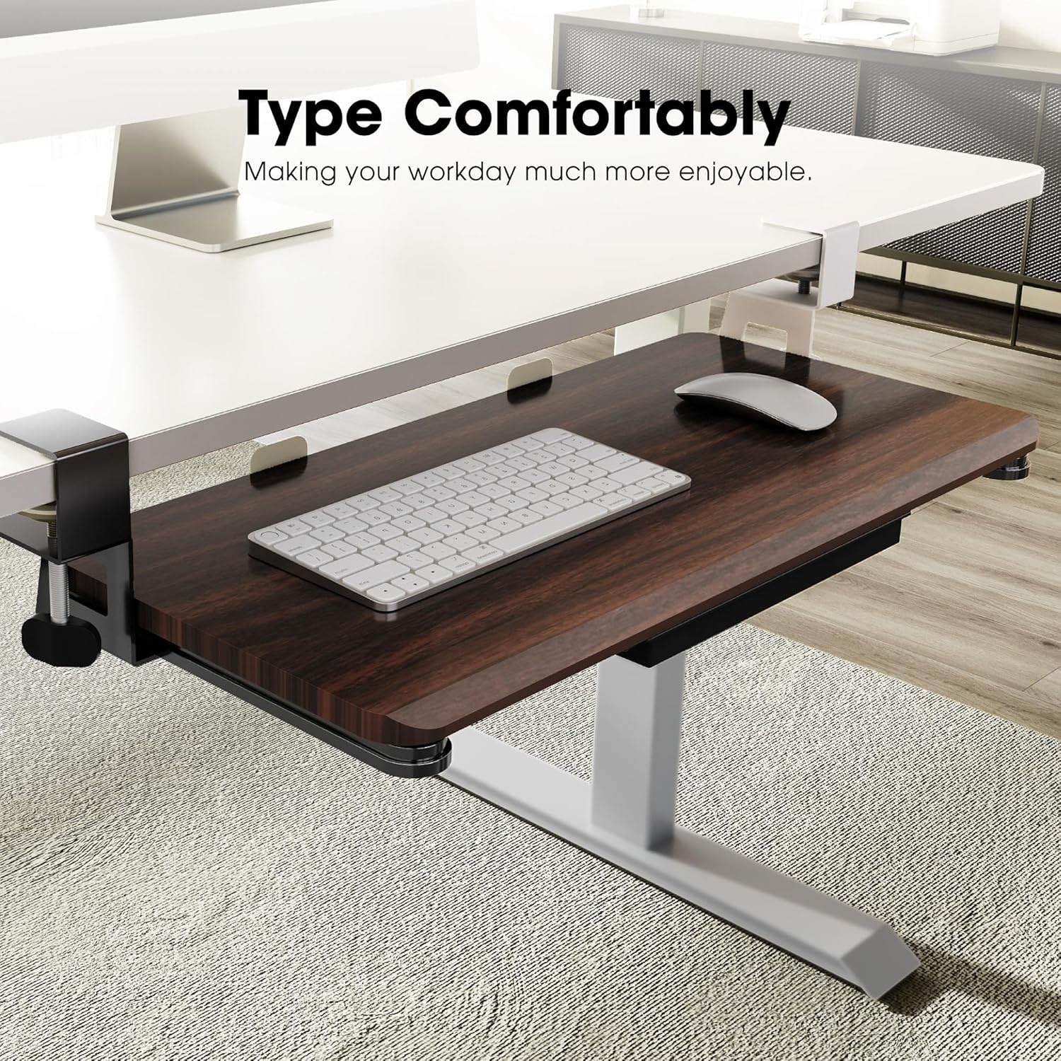 image:imageFenge Keyboard Tray Under Desk Pull Out Keyboard amp Mouse Tray with C Clamp Mount Sliding Keyboard Holder for Desk 256 x 118 inch Large SlideOut Platform Computer Drawer for Typing BlackBrown