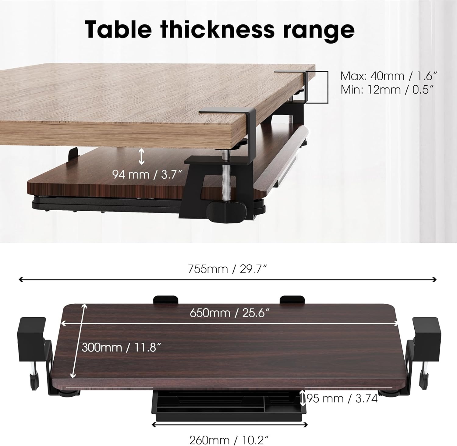 image:imageFenge Keyboard Tray Under Desk Pull Out Keyboard amp Mouse Tray with C Clamp Mount Sliding Keyboard Holder for Desk 256 x 118 inch Large SlideOut Platform Computer Drawer for Typing BlackBrown