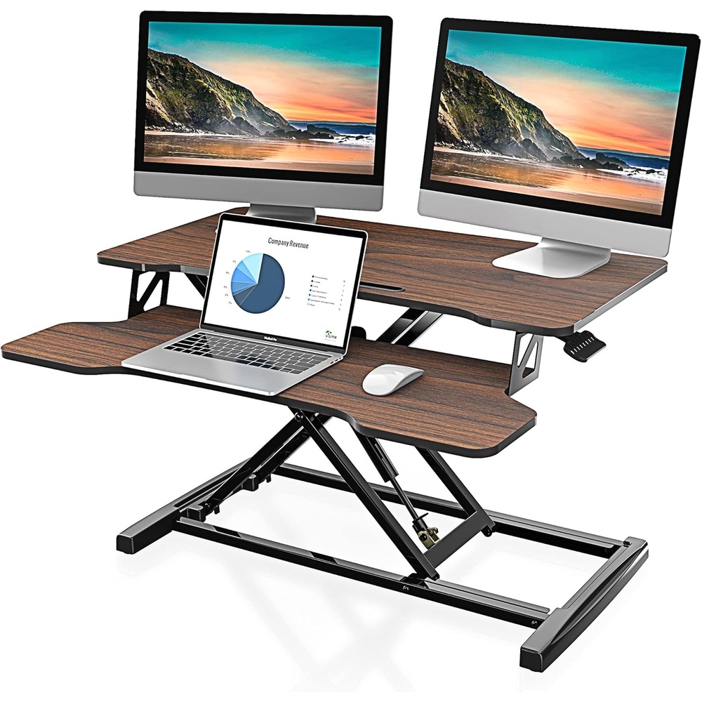 image:imageFITUEYES Height Adjustable Standing Desk 32 Wide Sit to Stand Converter Stand Up Desk Tabletop Workstation for Dual Monitor Riser FSD308001WBBrown