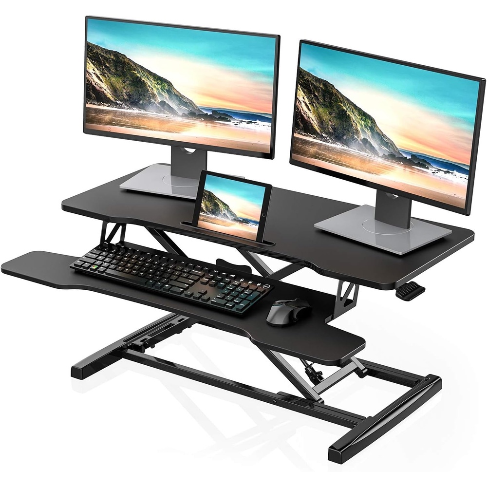 image:imageFITUEYES Height Adjustable Standing Desk 36 Wide Sit to Stand Converter Stand Up Desk Tabletop Workstation for Laptops Dual Monitor Riser Black SD309101WBBlack