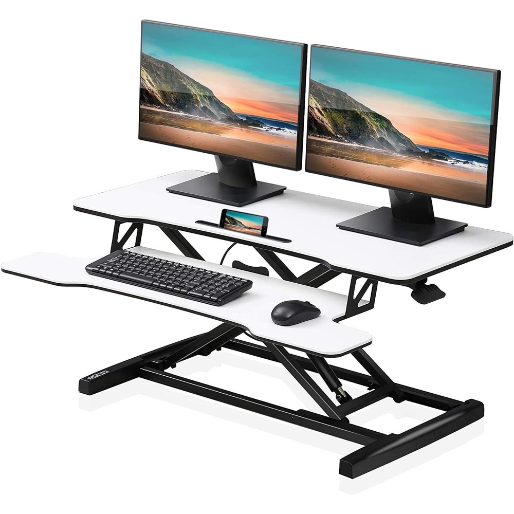 image:imageFITUEYES Height Adjustable Standing Desk 36 Wide Sit to Stand Converter Stand Up Desk Tabletop Workstation for Laptops Dual Monitor Riser Black SD309101WBWhite