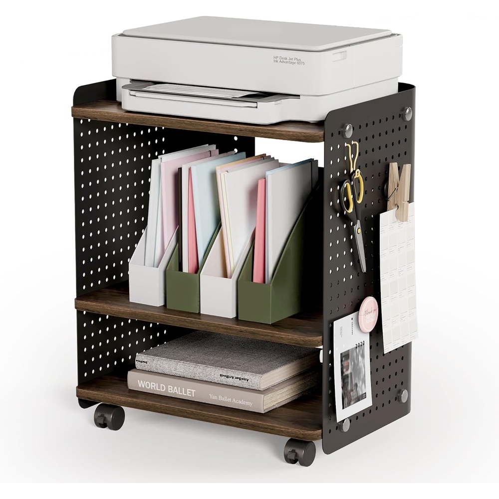 image:imageFenge 3D Printer Stand Heavy Duty Pegboard Storage Organizer with Adjustable Shelf 22x18 Inch Rolling Printer Cart with Wheels 3 Tier Home Office StandBrown
