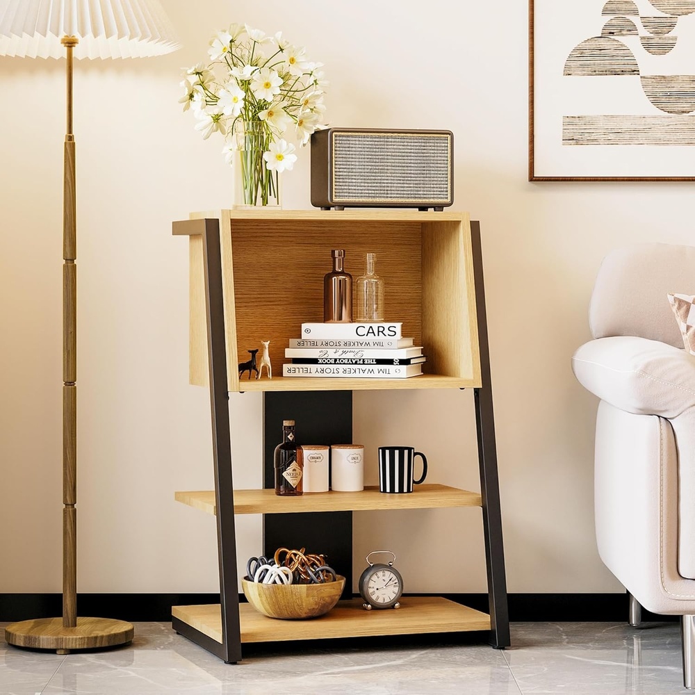 image:imageFenge Bookshelf 4 Tier Industrial Bookcase Ladder Book Shelf with Storage Organizer Small Bookshelves and bookcases for Office Bedroom Living RoomOak