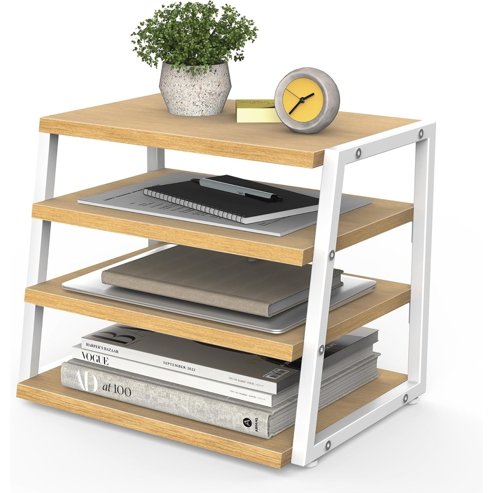image:imageFenge Desk Shelf Organizer 4 Tier Desktop Shelf Wood and Metal Office Shelves Corner File Organizer for Office Supplies Top of Desk Organizers and AccessoriesOak