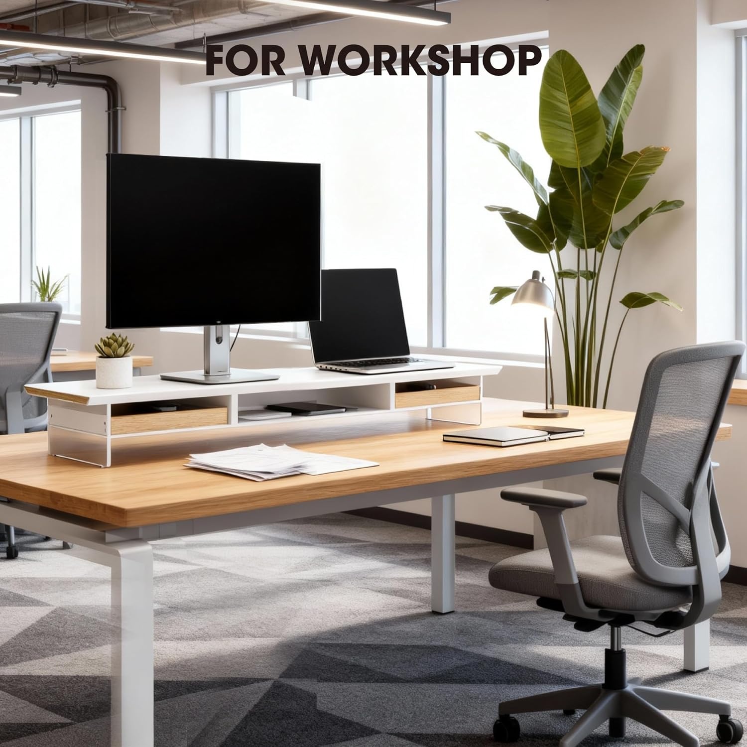 image:imageFenge 425 Dual Monitor Stand Riser with 2 FeltLined Drawers Aesthetic Metal and Wood Monitor Shelf with Acrylic Legs 2Tier Desk Organizer for 2 Monitors Laptop Printer TV WhiteWhite