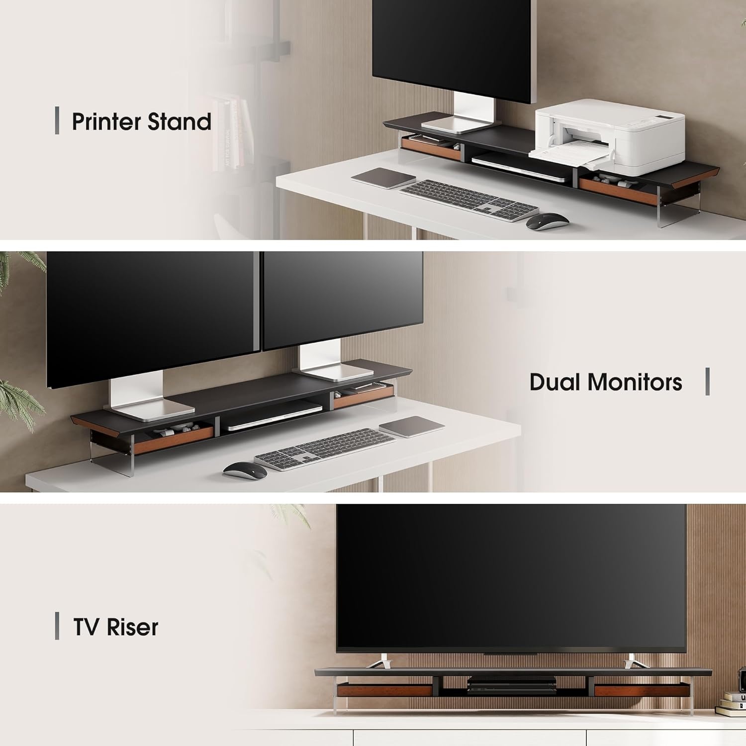 image:imageFenge 425 Dual Monitor Stand Riser with 2 FeltLined Drawers Aesthetic Metal and Wood Monitor Shelf with Acrylic Legs 2Tier Desk Organizer for 2 Monitors Laptop Printer TV WhiteBlack