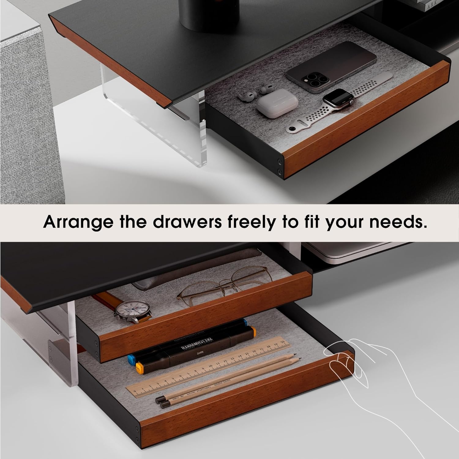 image:imageFenge 425 Dual Monitor Stand Riser with 2 FeltLined Drawers Aesthetic Metal and Wood Monitor Shelf with Acrylic Legs 2Tier Desk Organizer for 2 Monitors Laptop Printer TV WhiteBlack