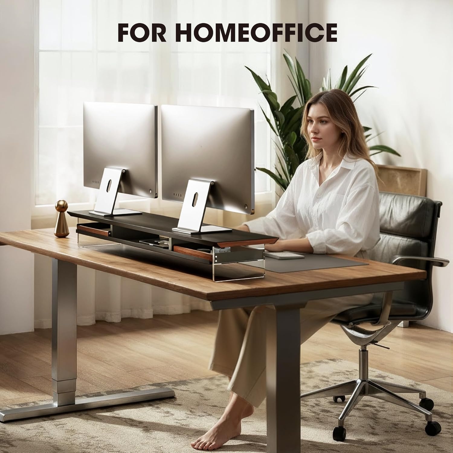 image:imageFenge 425 Dual Monitor Stand Riser with 2 FeltLined Drawers Aesthetic Metal and Wood Monitor Shelf with Acrylic Legs 2Tier Desk Organizer for 2 Monitors Laptop Printer TV WhiteBlack