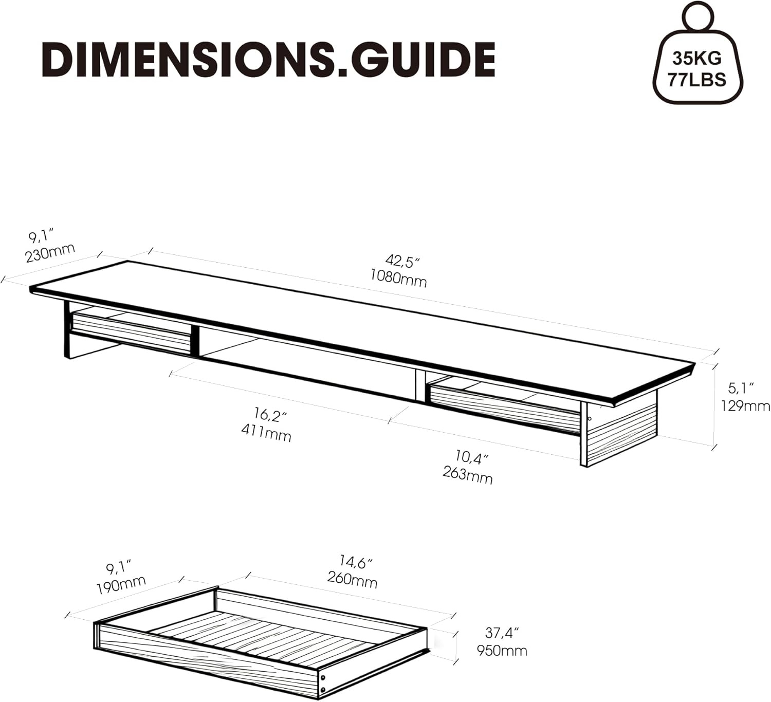 image:imageFenge 425 Dual Monitor Stand Riser with 2 FeltLined Drawers Aesthetic Metal and Wood Monitor Shelf with Acrylic Legs 2Tier Desk Organizer for 2 Monitors Laptop Printer TV WhiteBlack