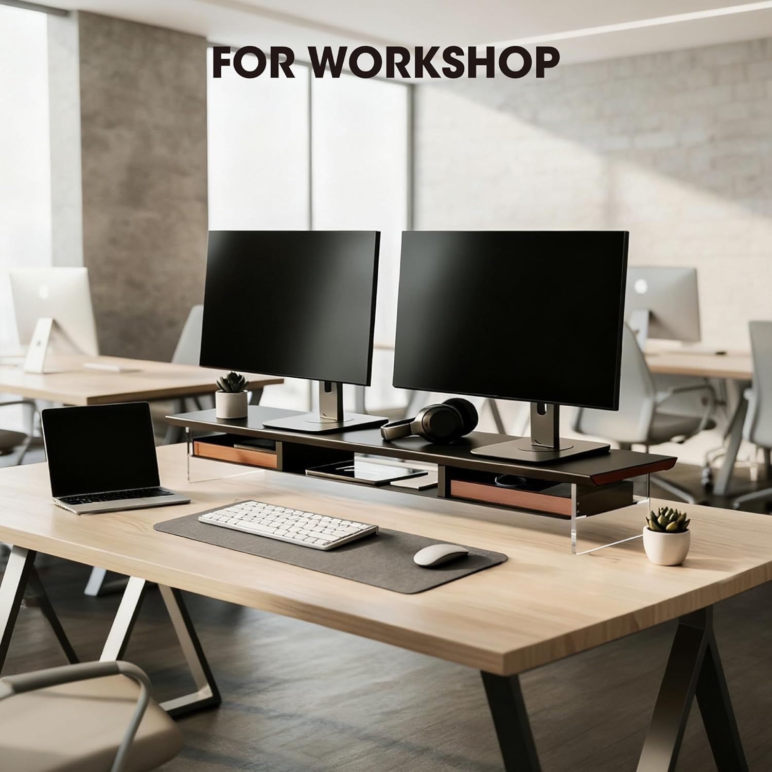 image:imageFenge 425 Dual Monitor Stand Riser with 2 FeltLined Drawers Aesthetic Metal and Wood Monitor Shelf with Acrylic Legs 2Tier Desk Organizer for 2 Monitors Laptop Printer TV WhiteBlack