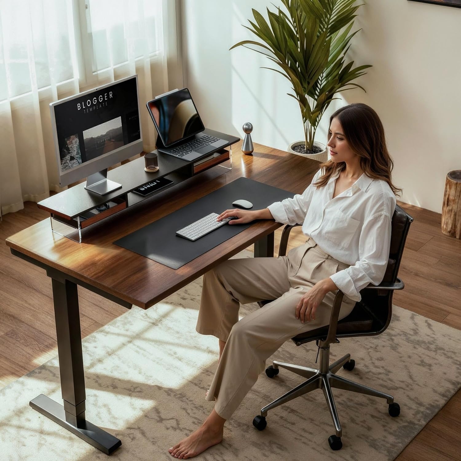 image:imageFenge 425 Dual Monitor Stand Riser with 2 FeltLined Drawers Aesthetic Metal and Wood Monitor Shelf with Acrylic Legs 2Tier Desk Organizer for 2 Monitors Laptop Printer TV WhiteBlack