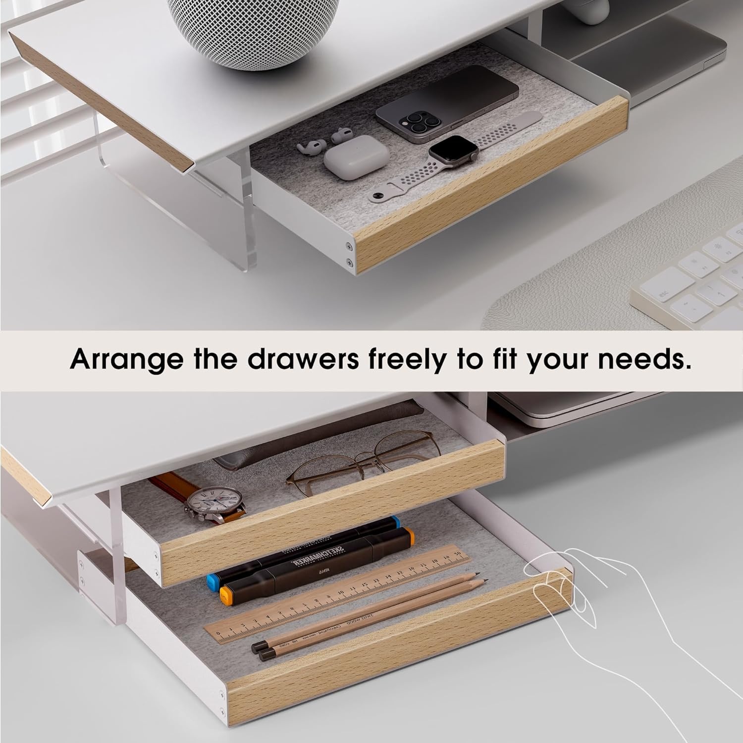 image:imageFenge 425 Dual Monitor Stand Riser with 2 FeltLined Drawers Aesthetic Metal and Wood Monitor Shelf with Acrylic Legs 2Tier Desk Organizer for 2 Monitors Laptop Printer TV WhiteWhite